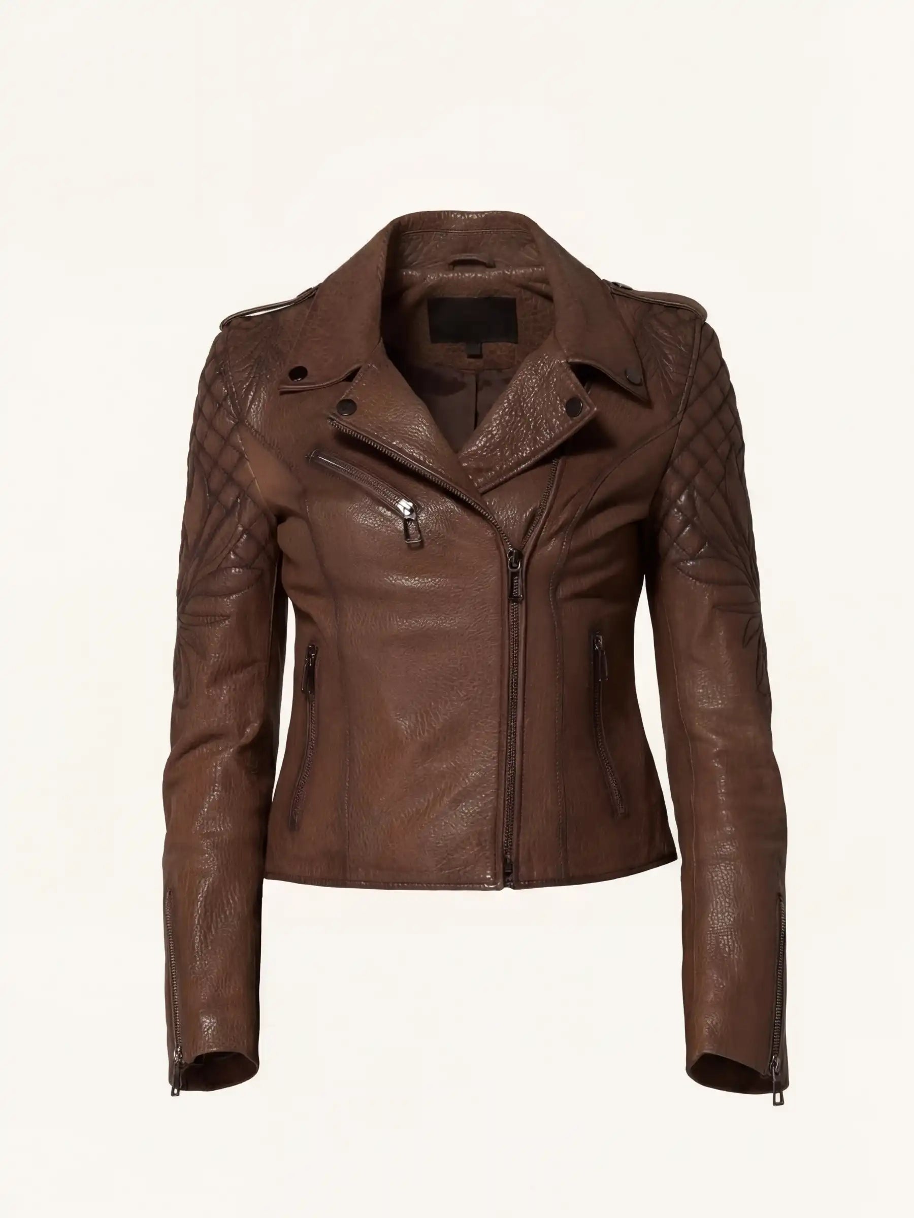 Vintage Brown Leather Jacket with Embroidery and Quilting Details