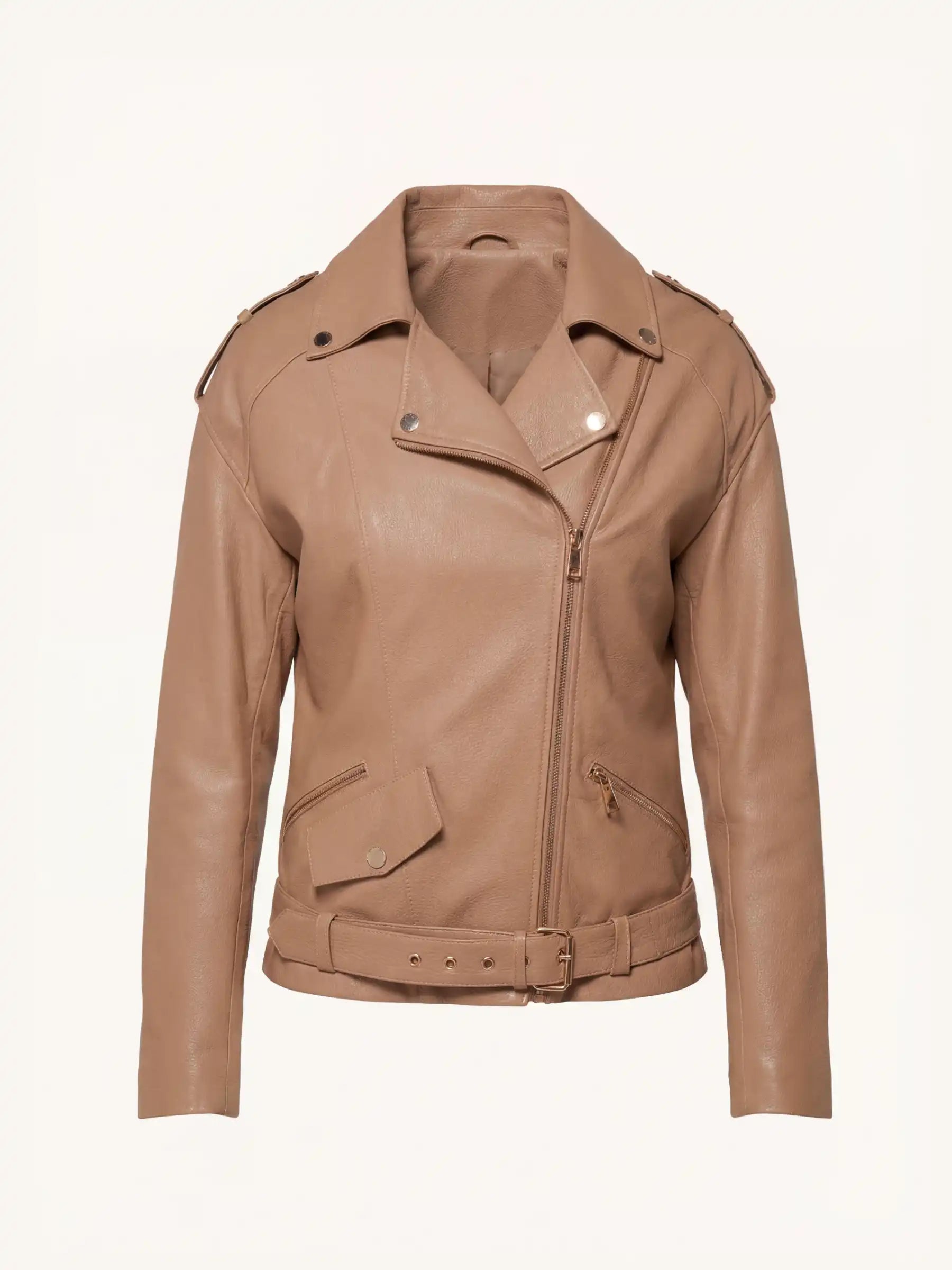 Light Brown Oversized Leather Motorcycle Jacket for Women