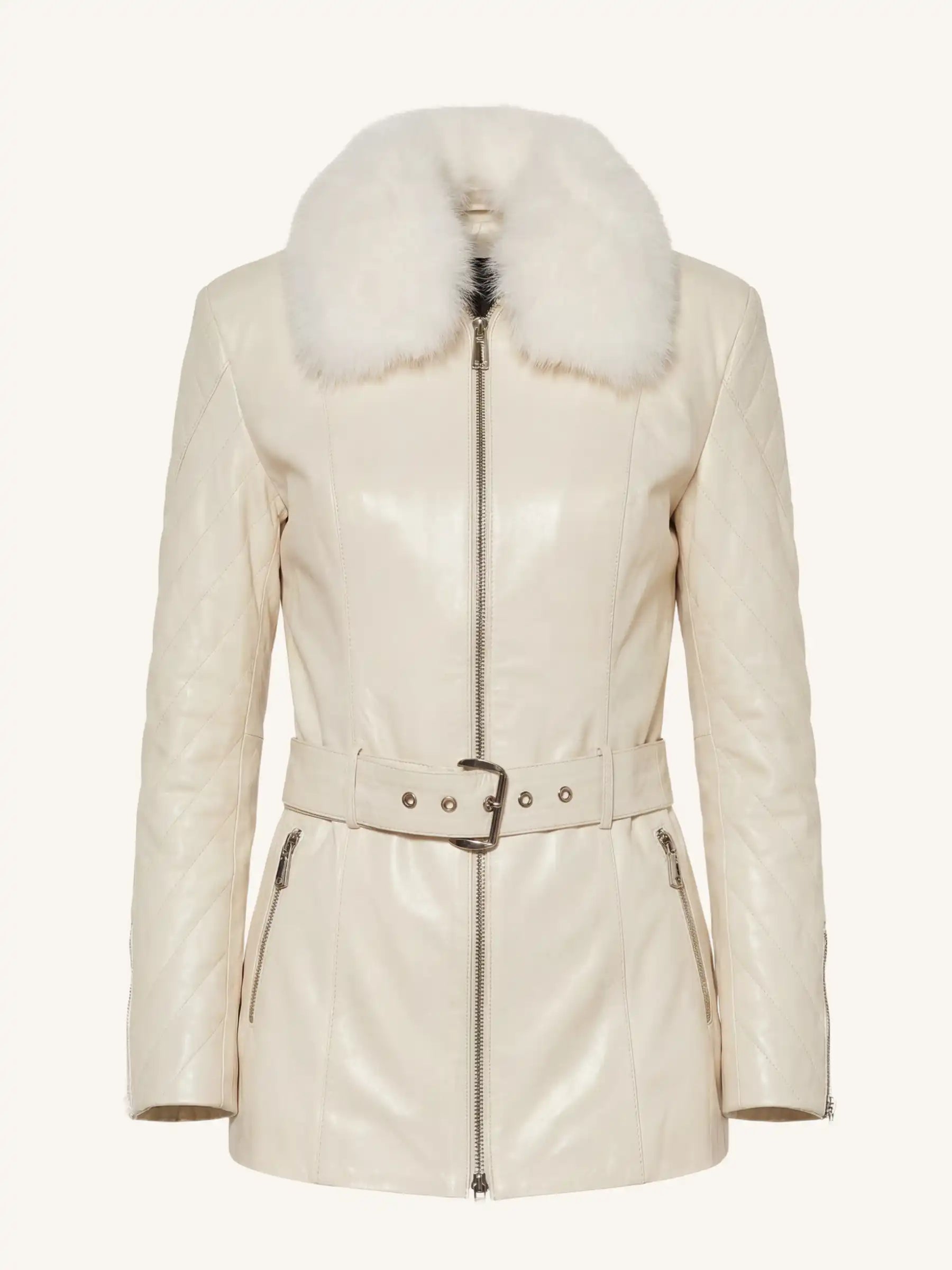 White Leather Motorcycle Jacket with Fox Fur Collar