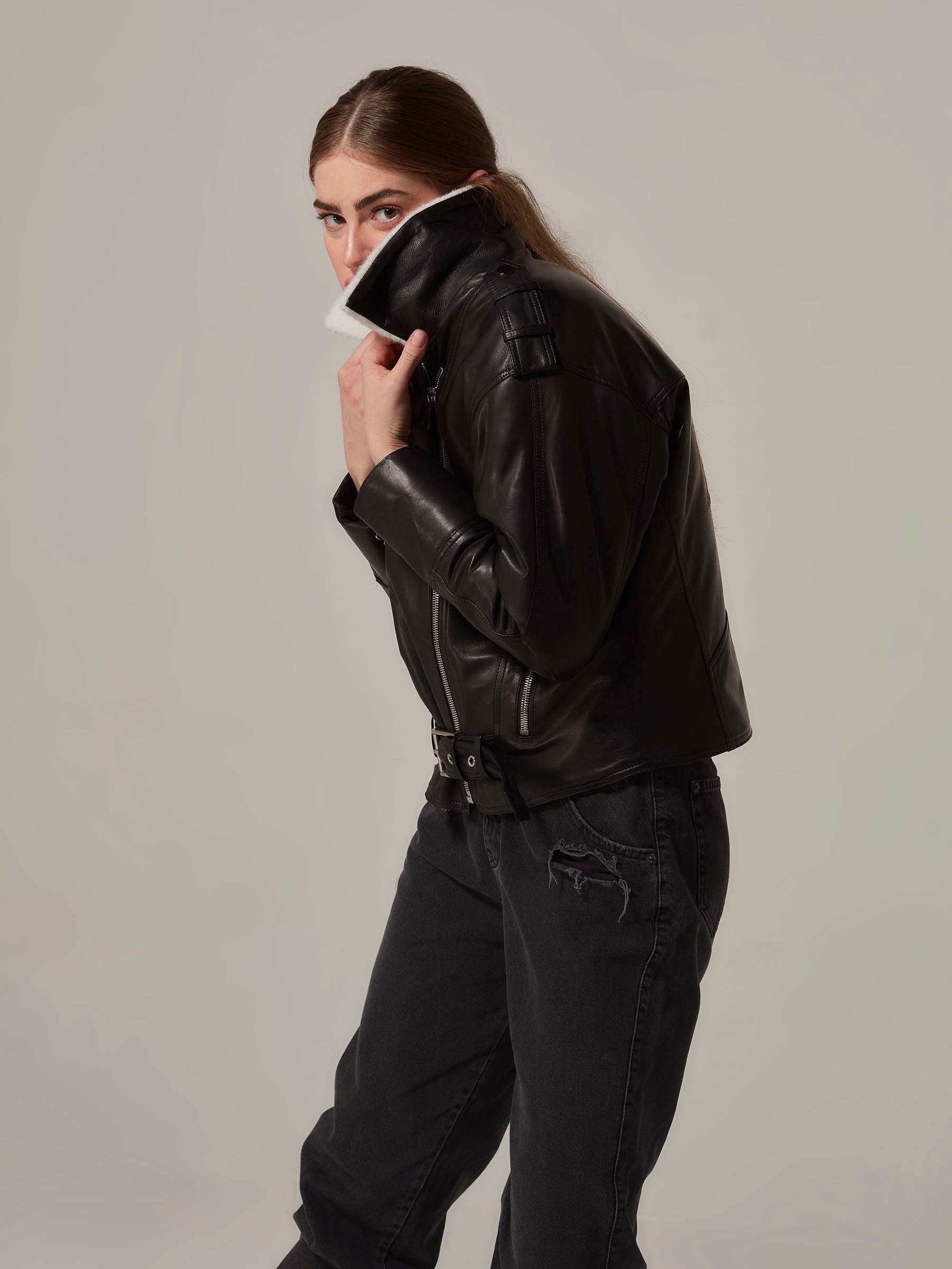 Black Lambskin Leather Shearling Motorcycle Jacket Side