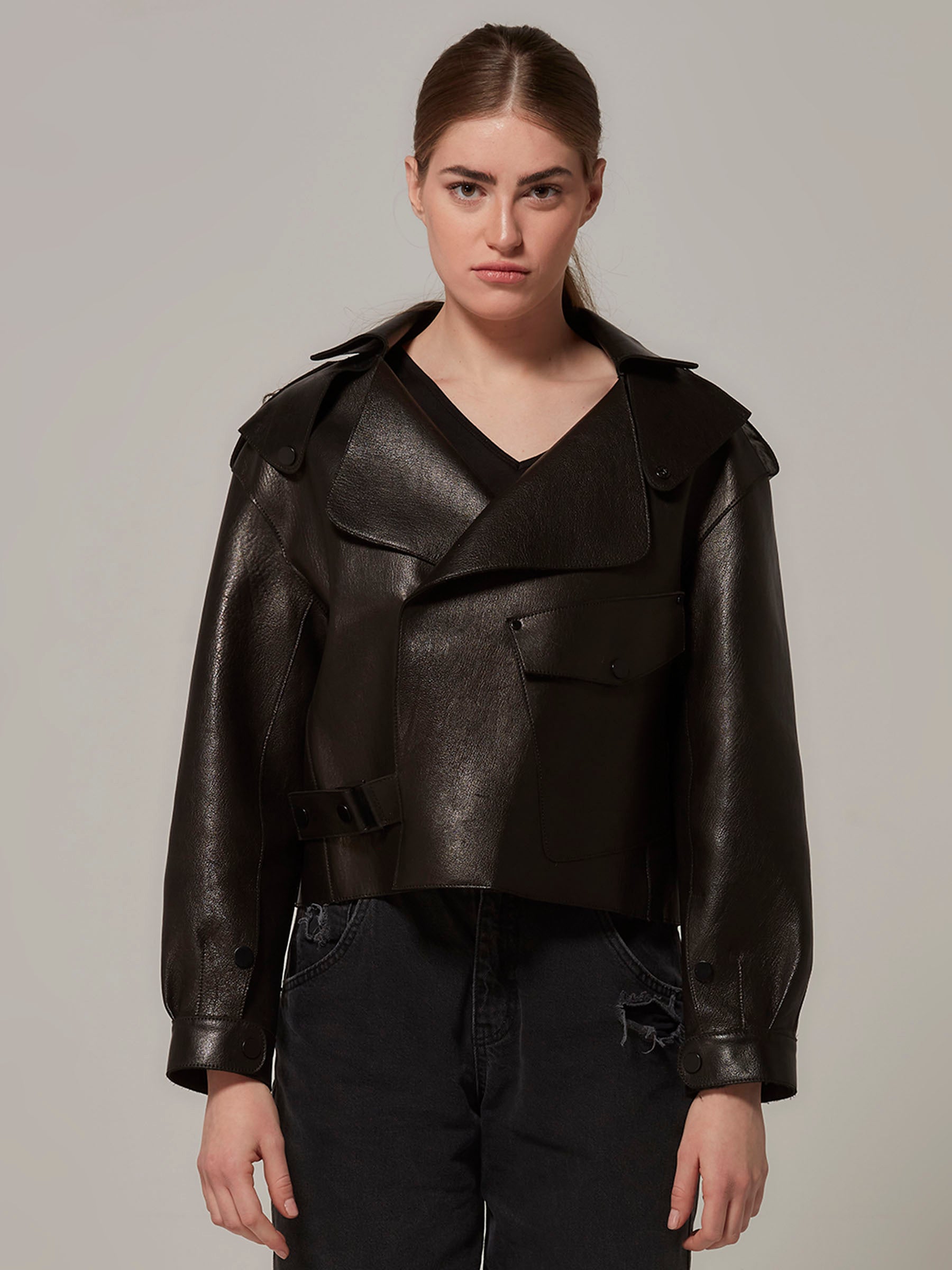 Black Oversized Leather Motorcycle Jacket - Minimalist Design front pose