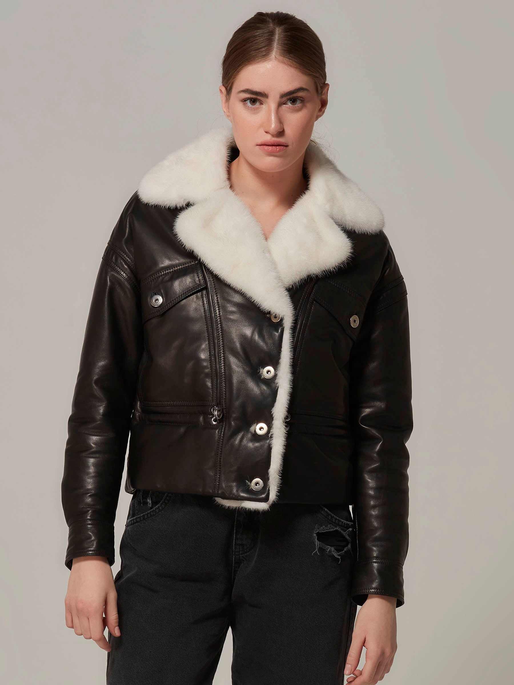 Black Leather Motorcycle Jacket with Mink Fur Collar front