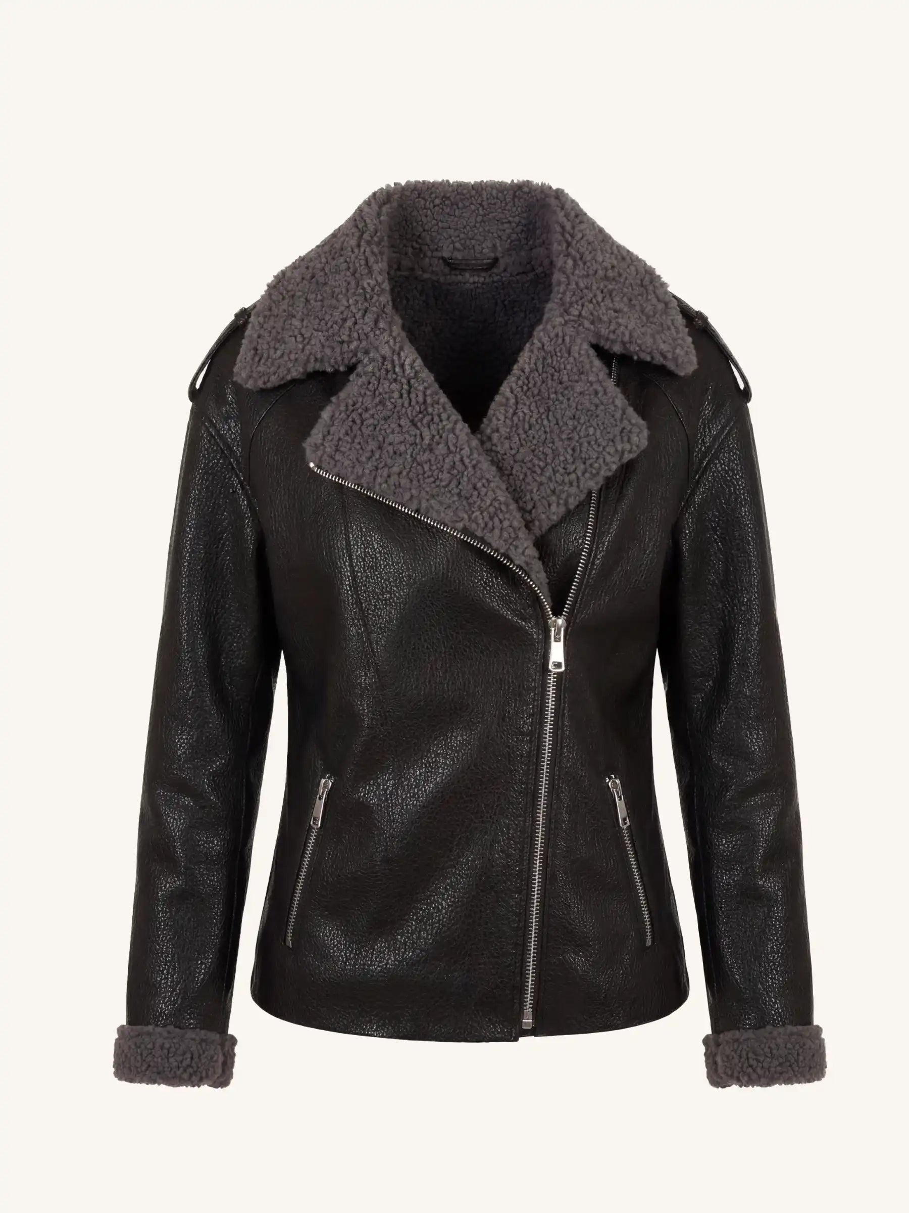 Black leather jacket with gray shearling collar on a white background