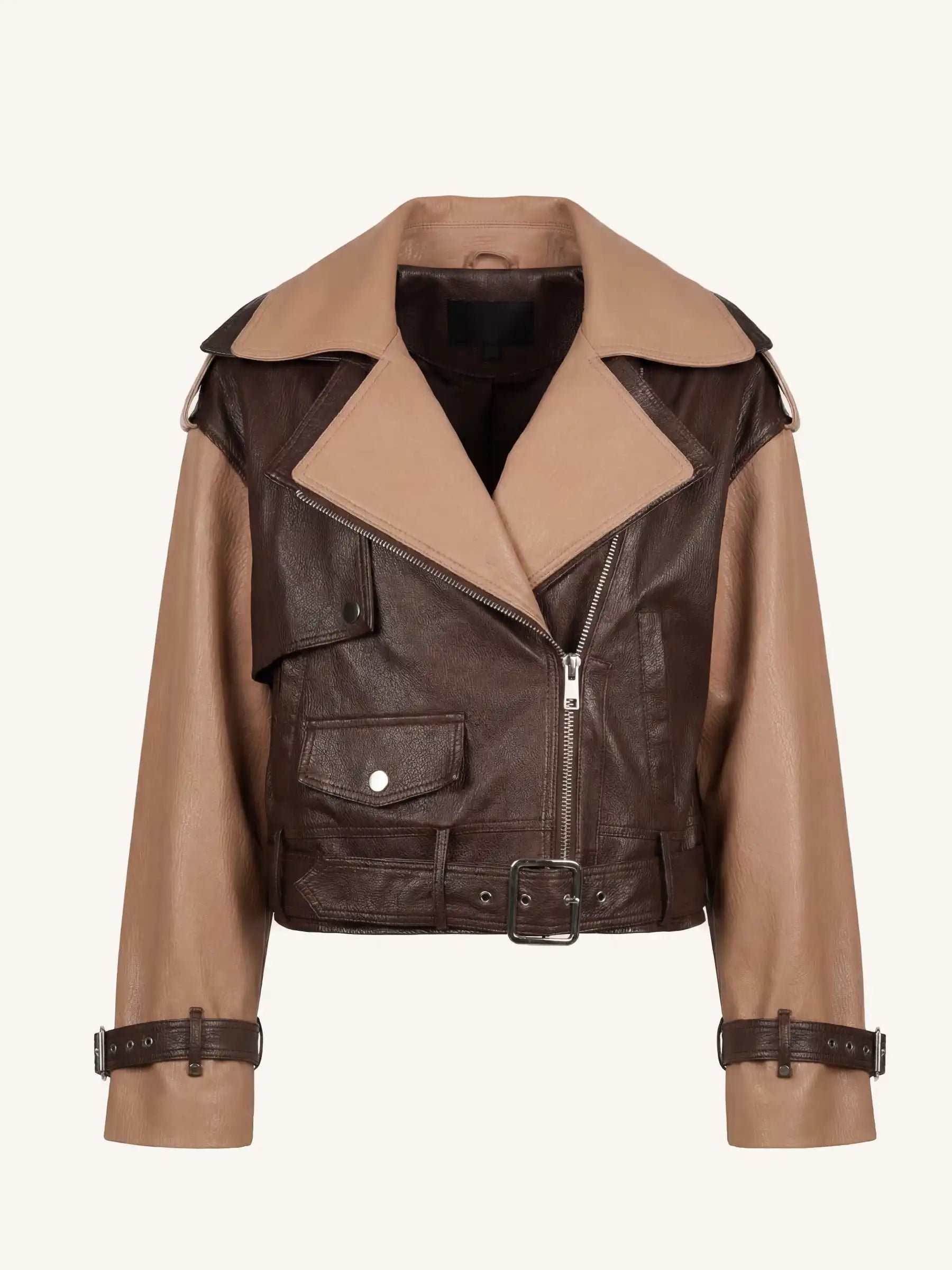 Two-tone leather jacket with beige and brown sections on a white background