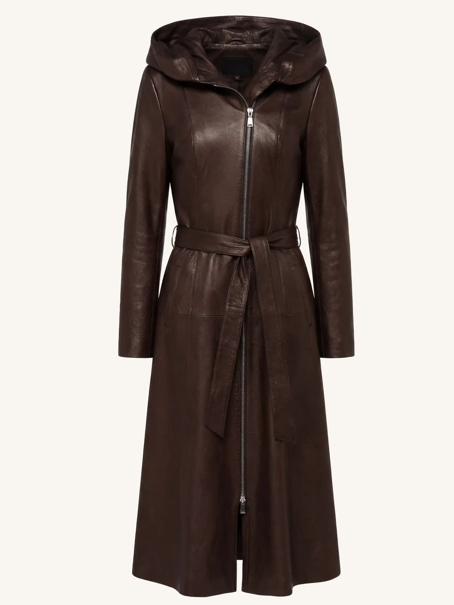 Brown leather coat with a hood on a white background