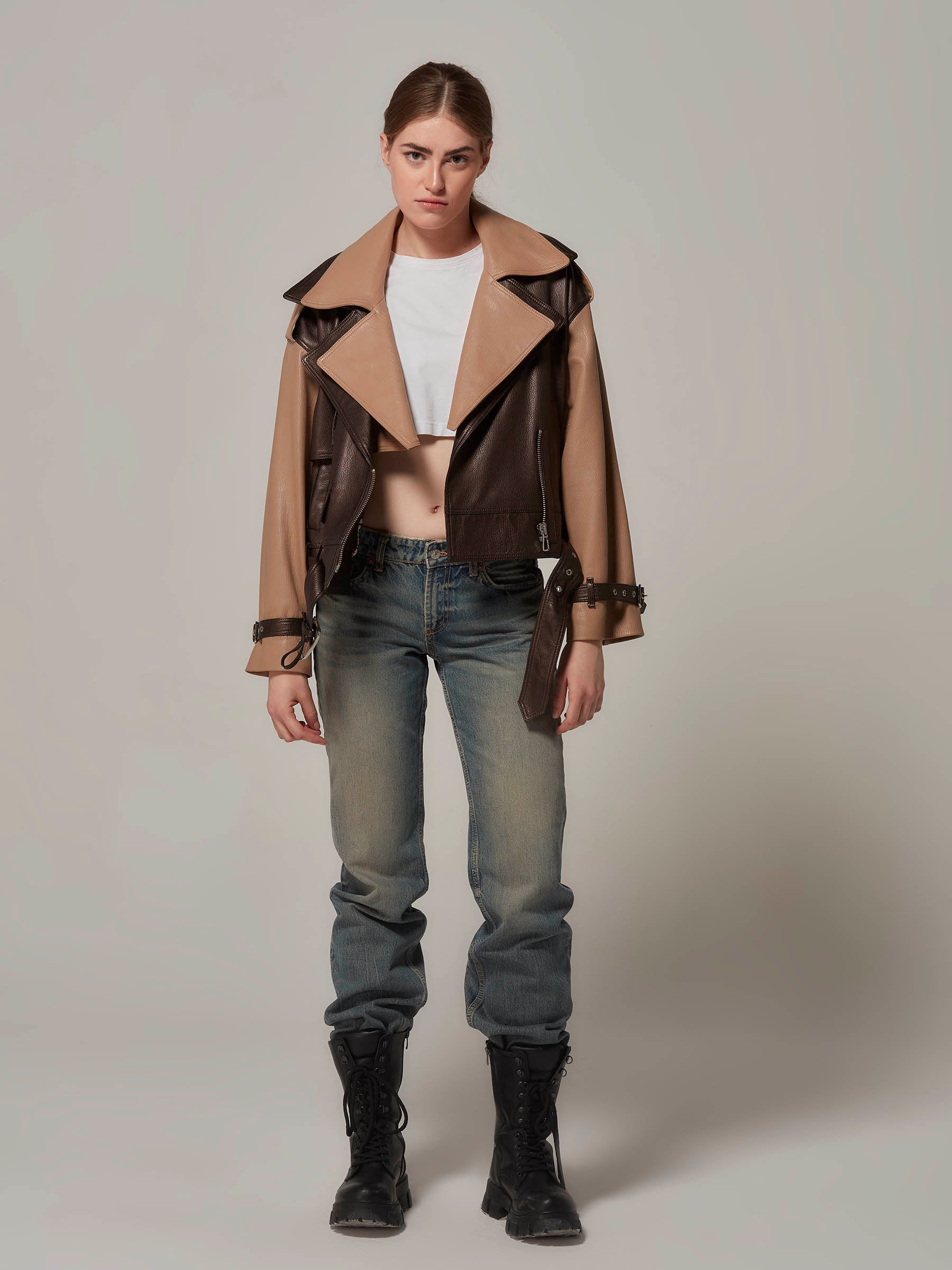 Brown Oversized Leather Motorcycle Jacket with Two Collars front full length