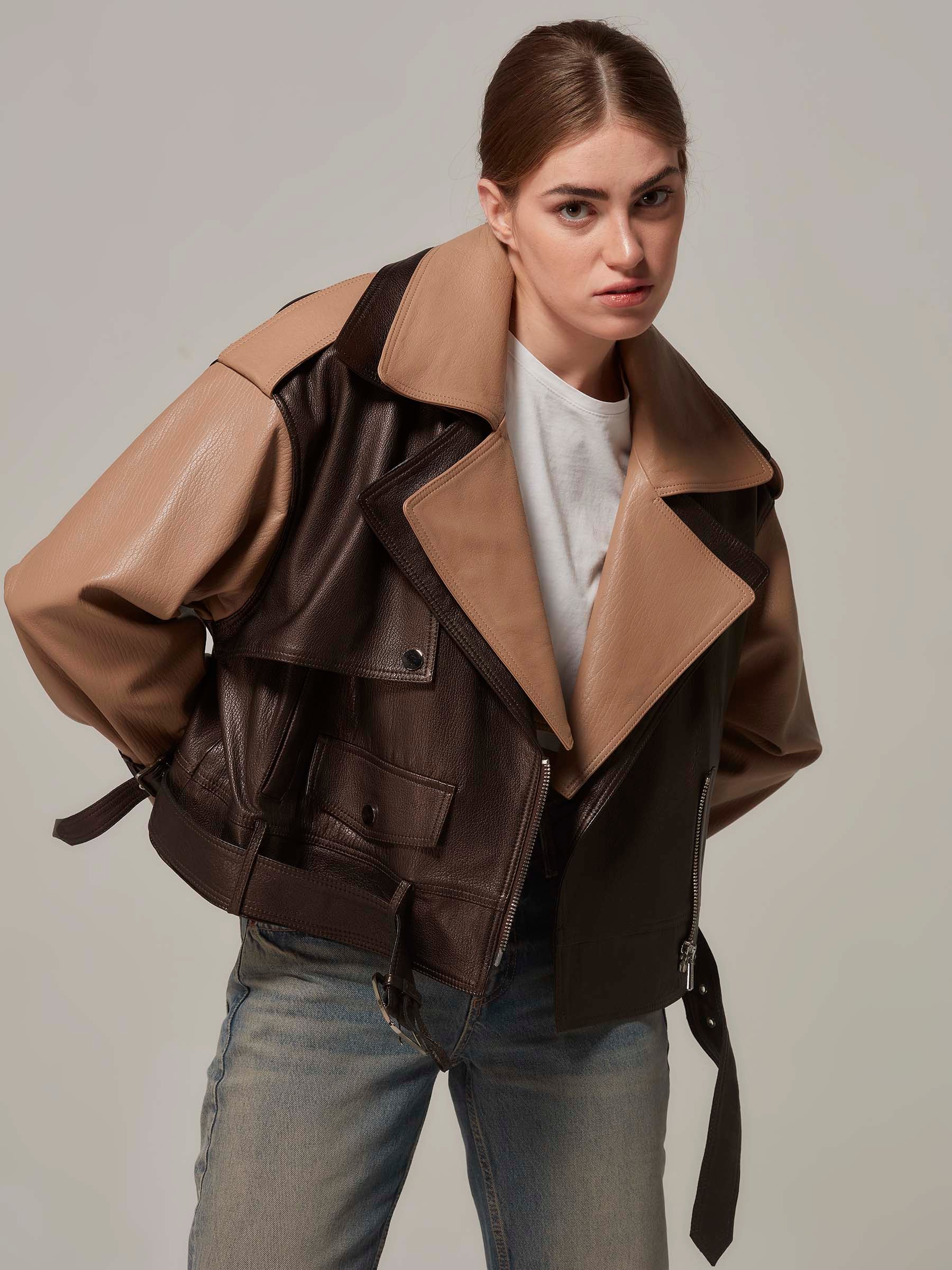 Brown Oversized Leather Motorcycle Jacket with Two Collars front close up