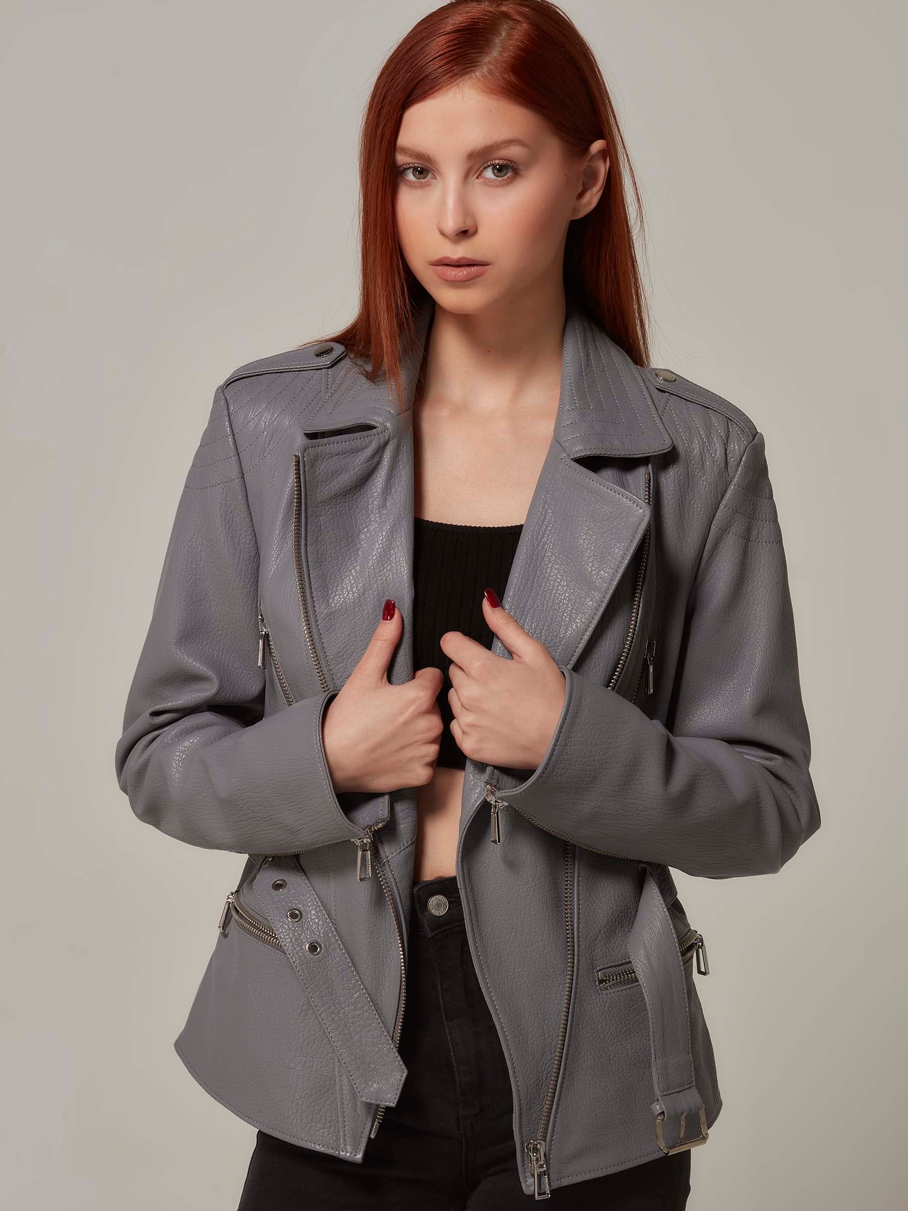 Gray Leather Motorcycle Jacket (Quilted) front closeup