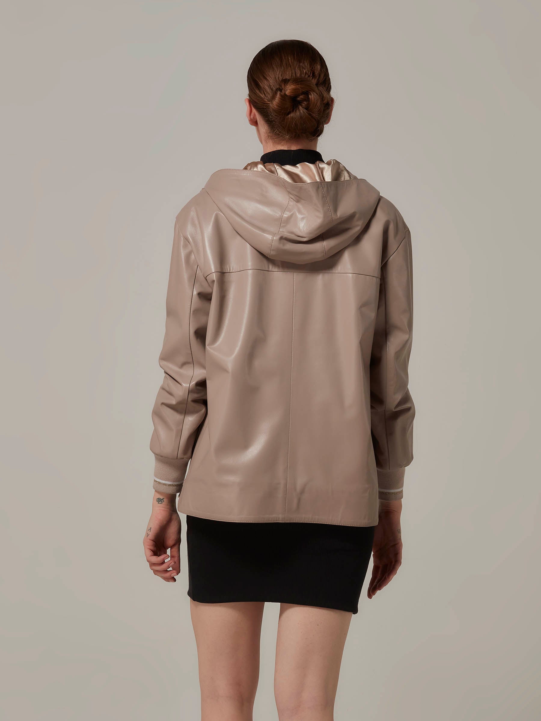 Light Brown Bomber Leather Jacket with Hood back pose