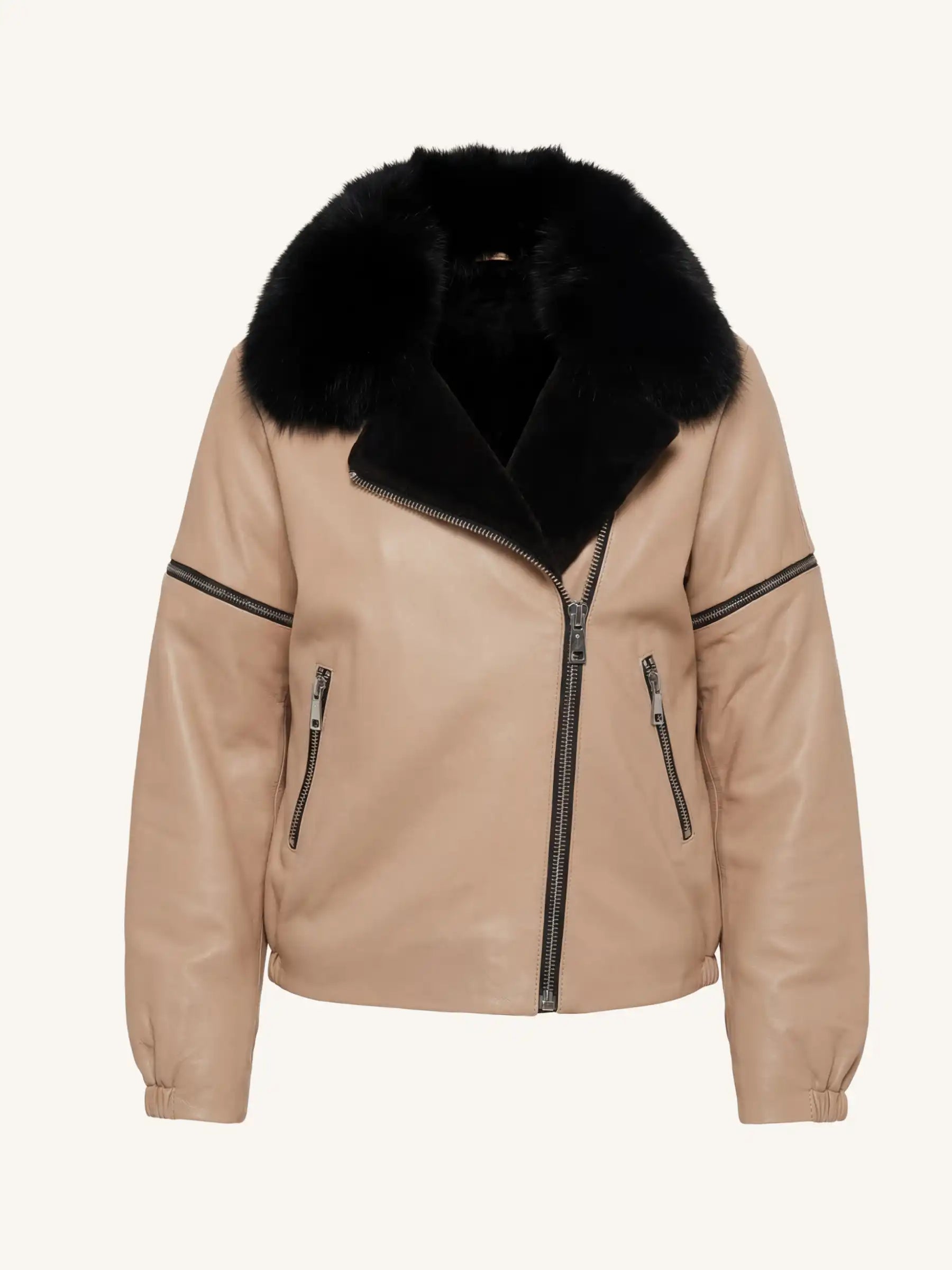 Beige jacket with black fur collar on a white background