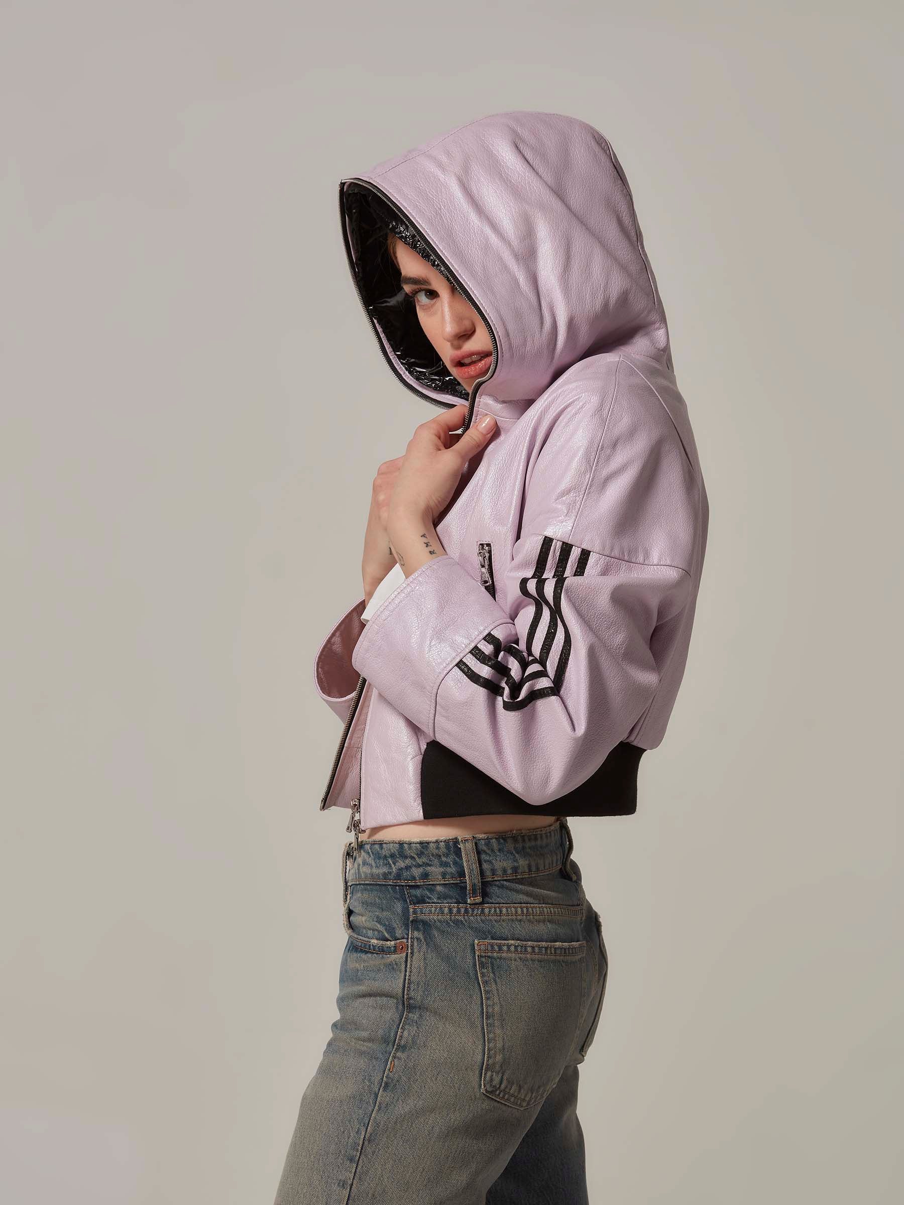 Light Purple Cropped Sports Leather Jacket with Hood side pose