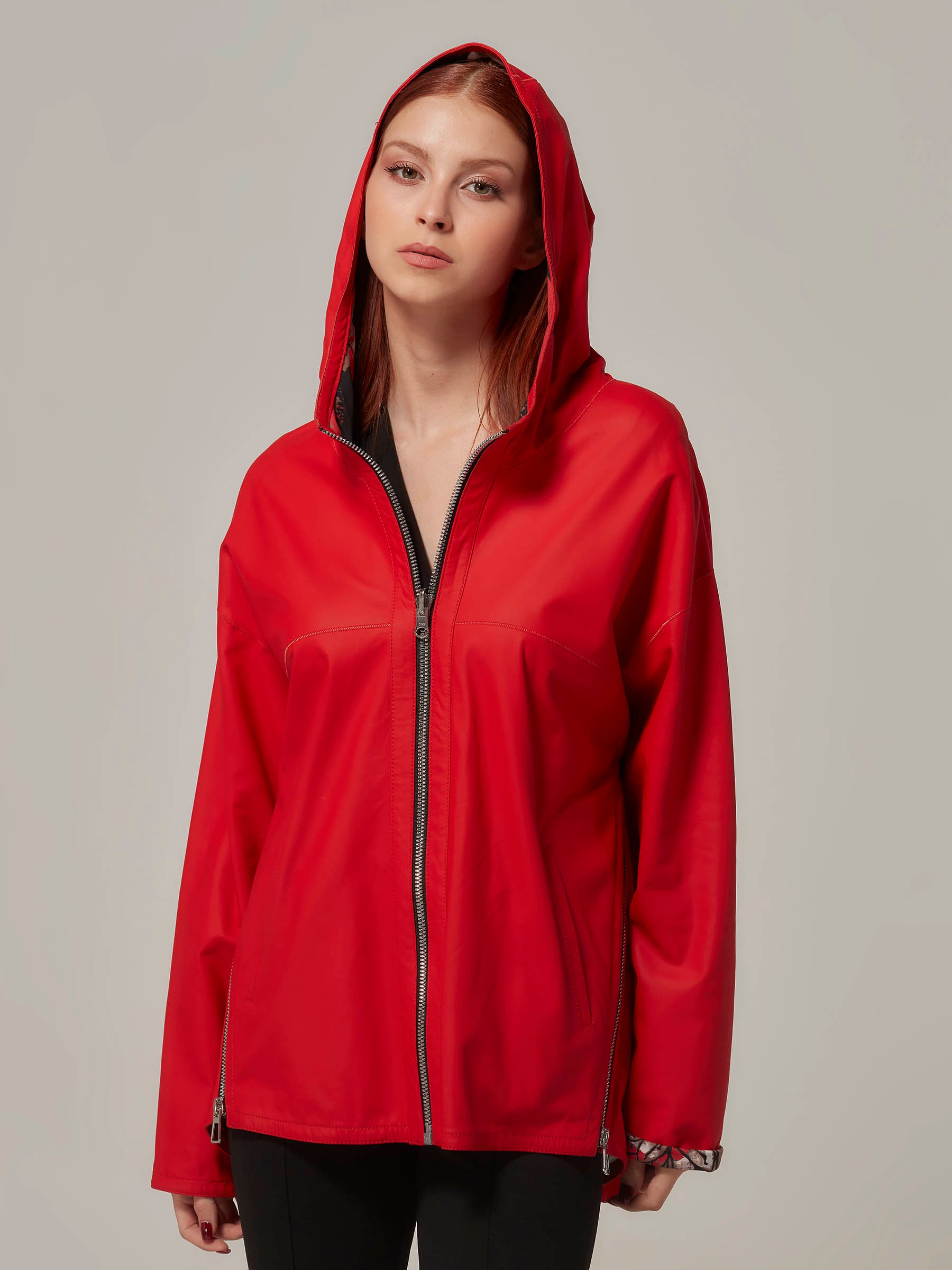 Matte Red Dobule Sided Leather Jacket with Hood front pose close up