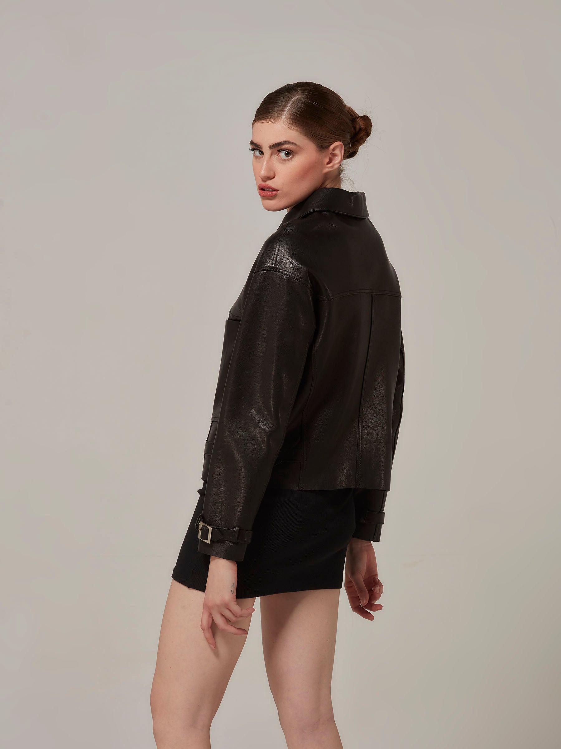 Black Leather Motorcycle Jacket Minimalist Design side