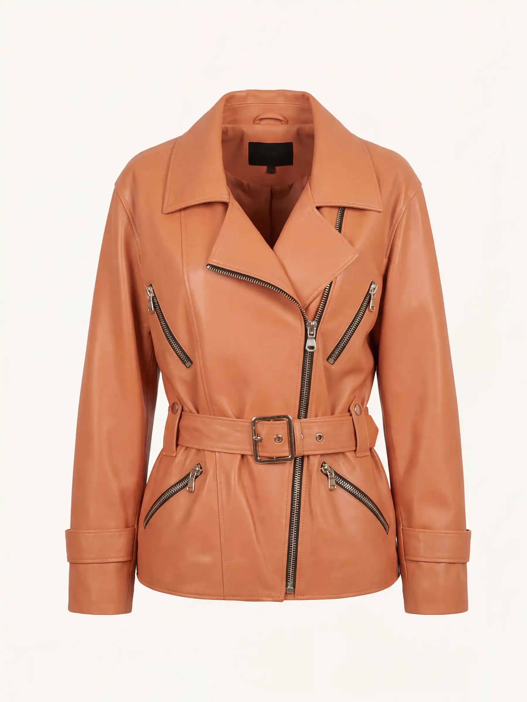 orange leather jacket with zippers on a white background