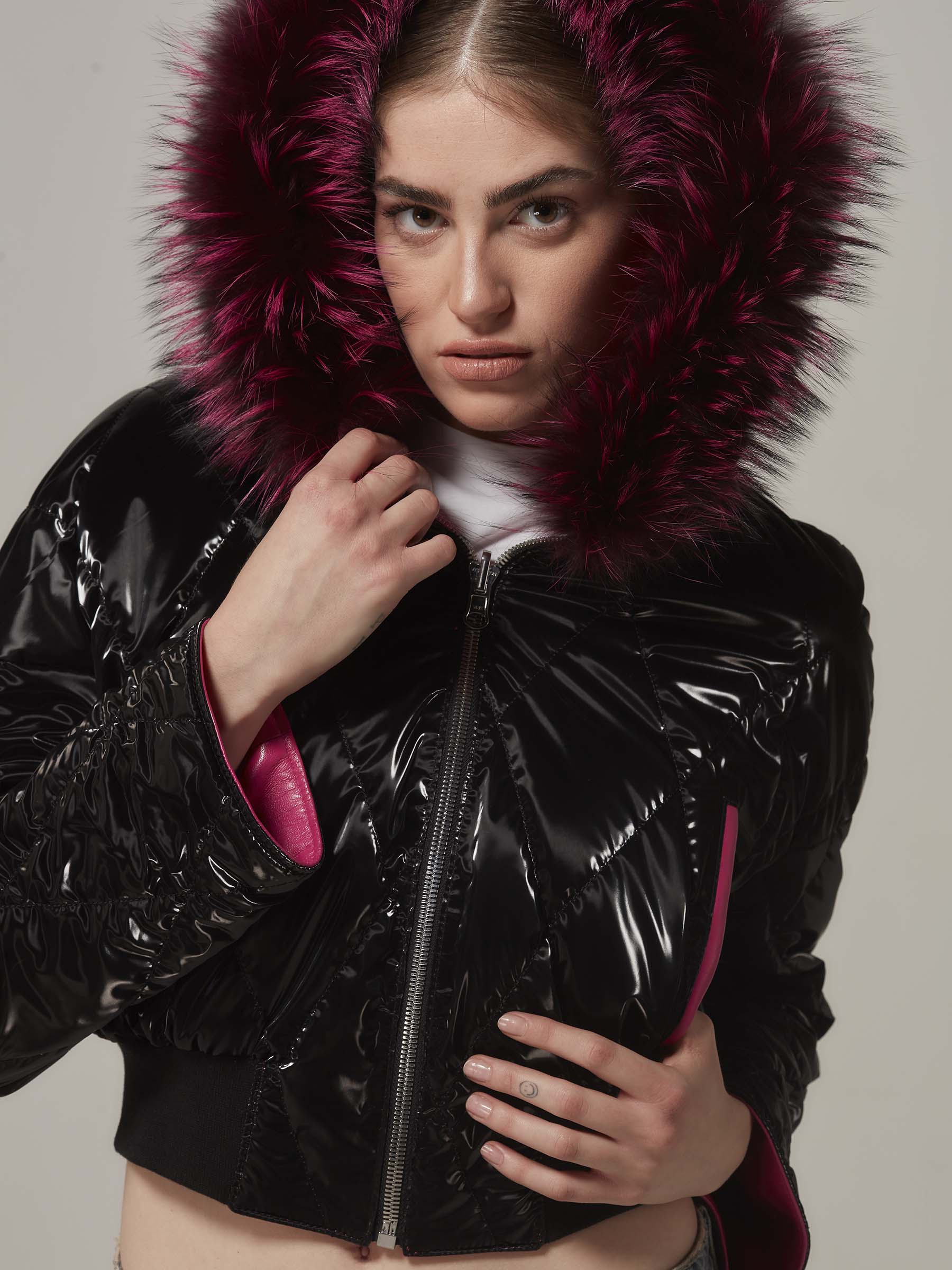 Pink Double Sided Cropped Leather Puffer Jacket