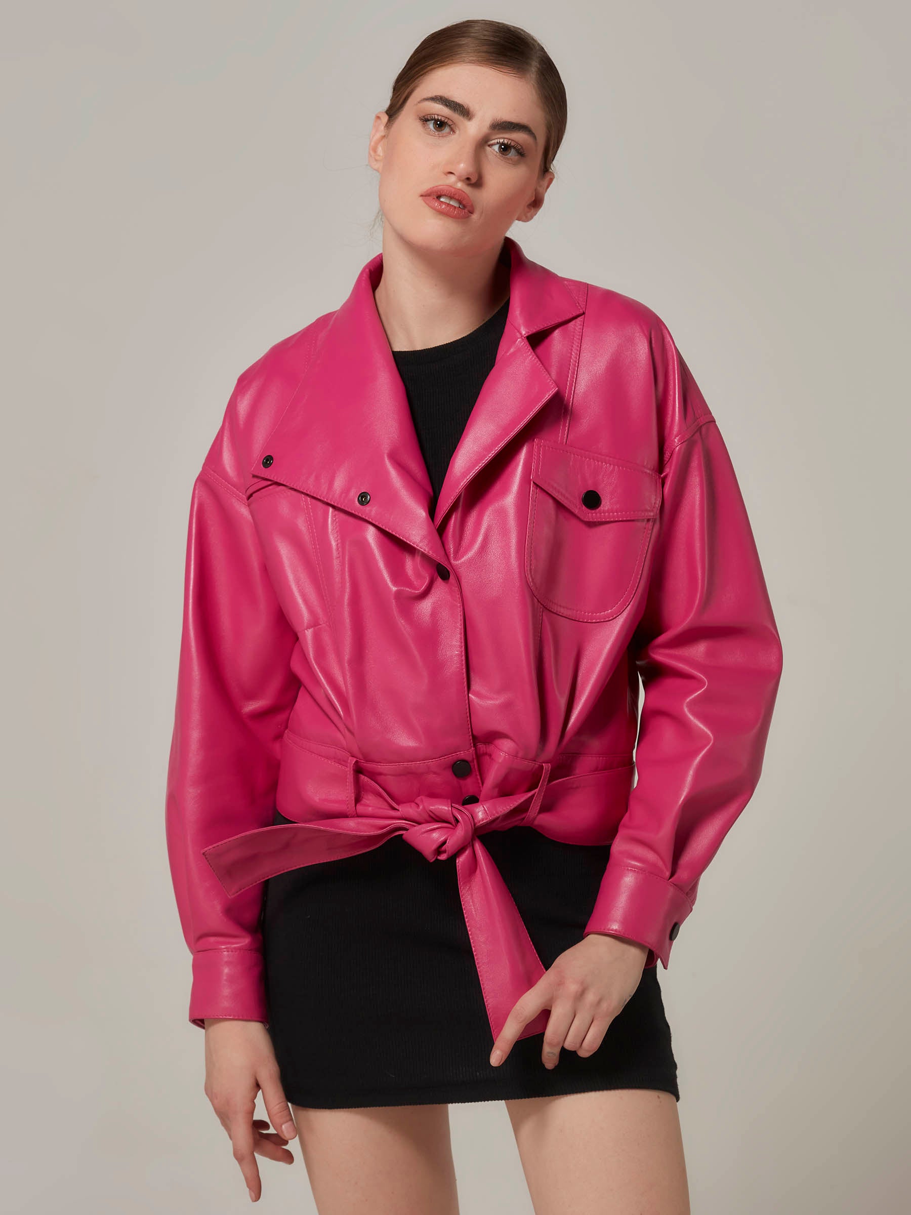 Pembe Büyük Boy Deri Rebel Chic Ceket