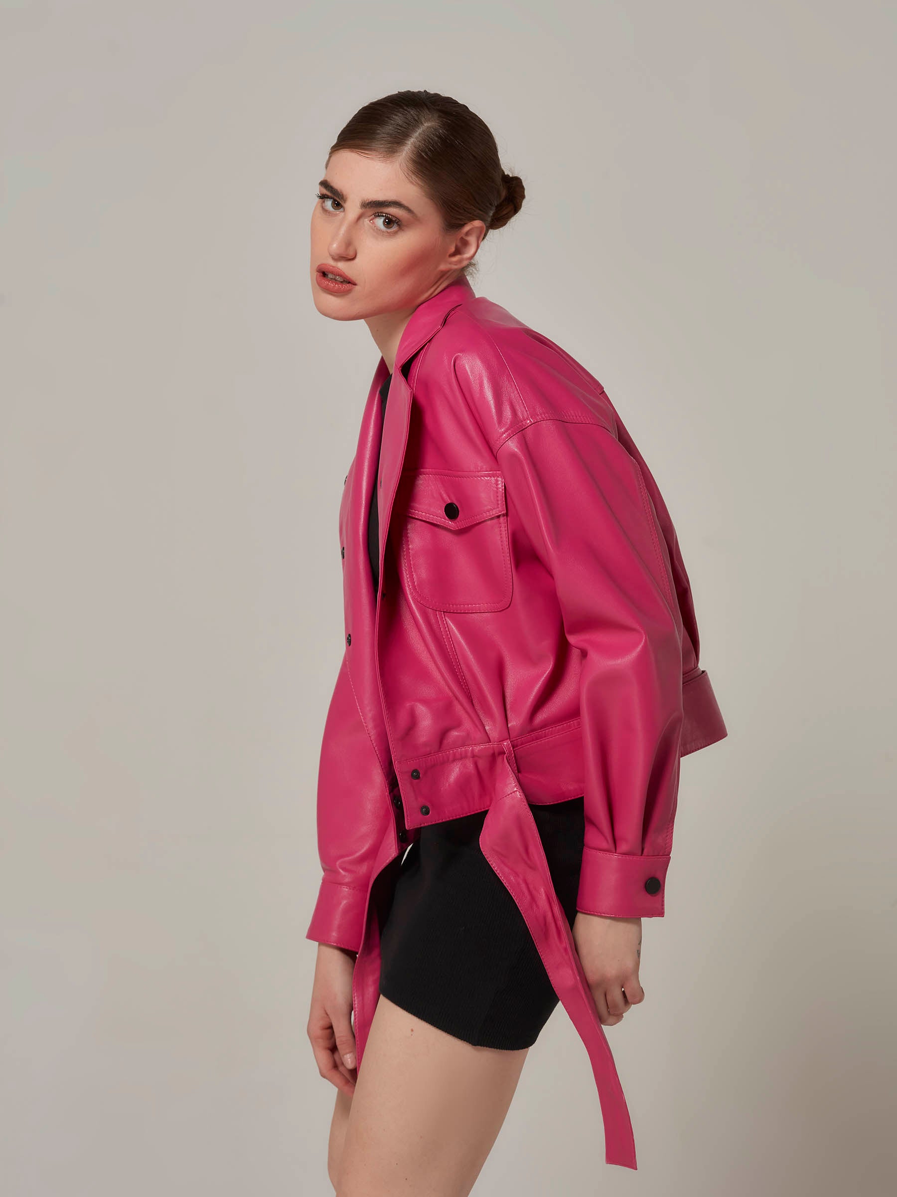 Pembe Büyük Boy Deri Rebel Chic Ceket