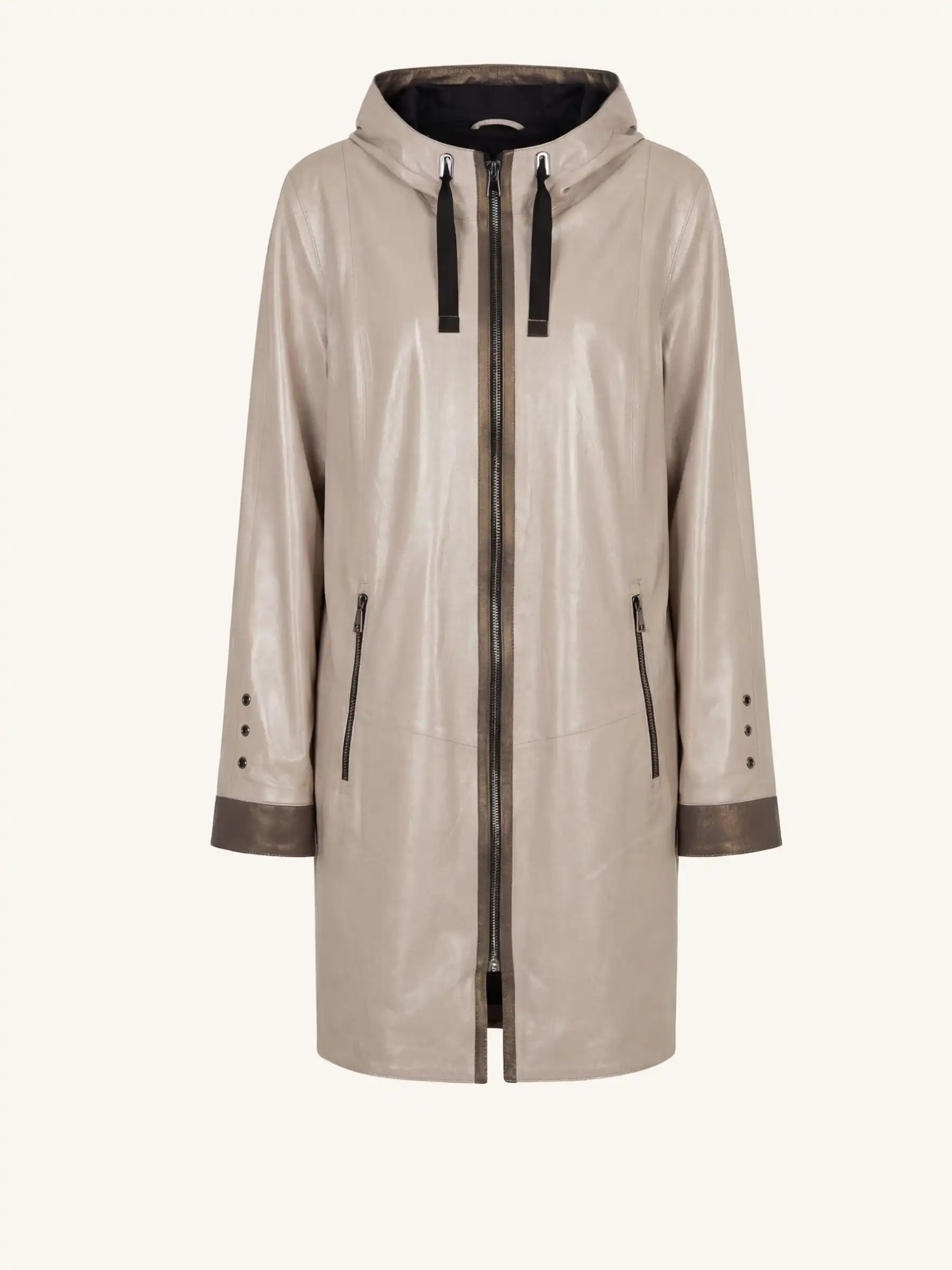 Beige leather coat with black accents on a white background