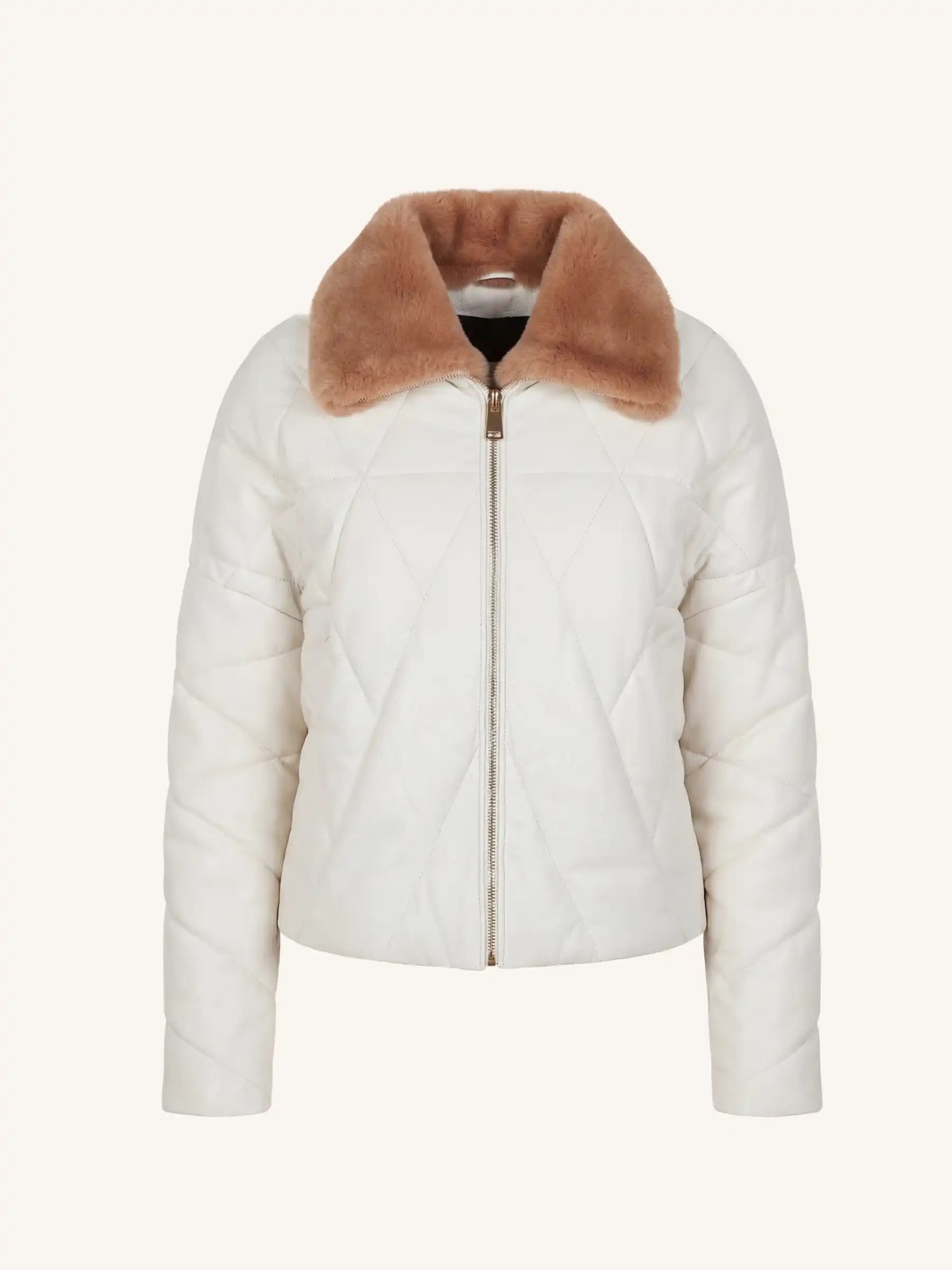 White puffer jacket with brown fur collar on a white background