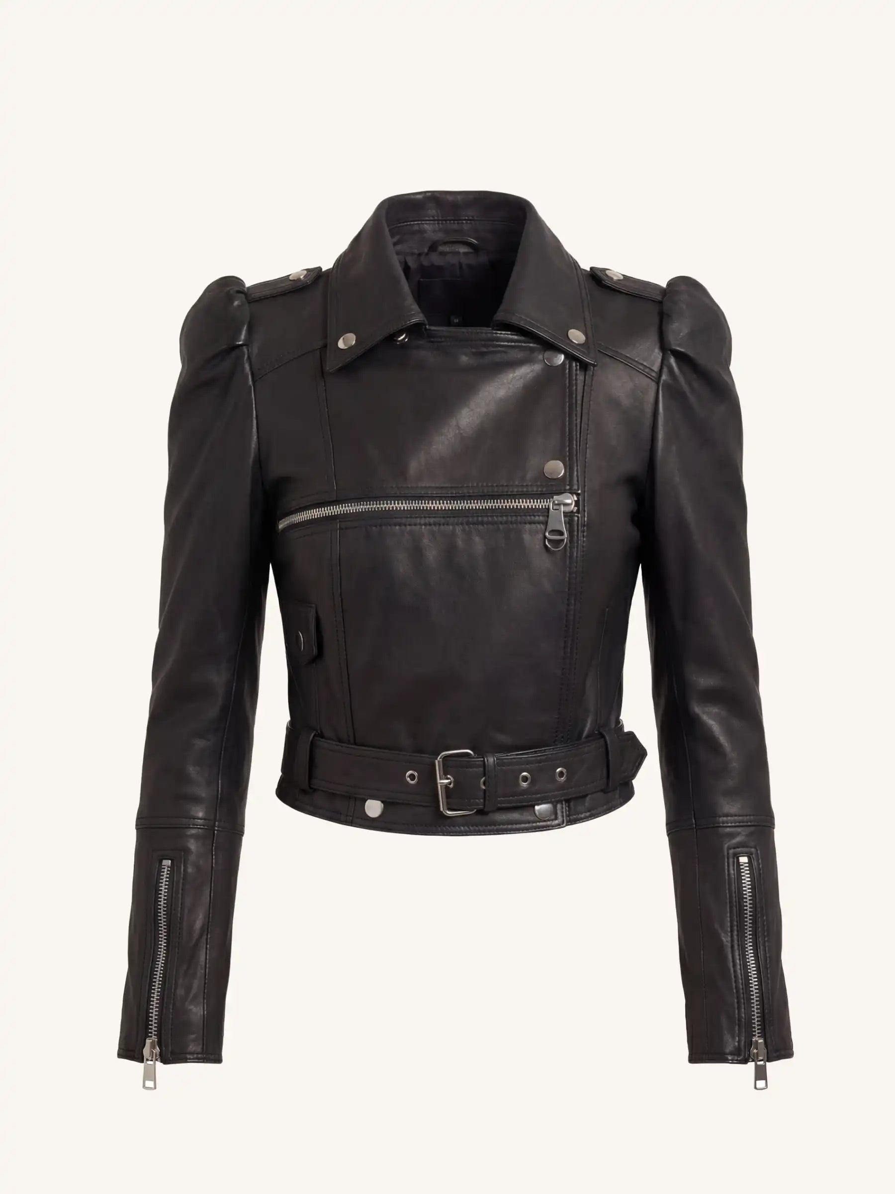 Black leather jacket with shoulder pads on a white background