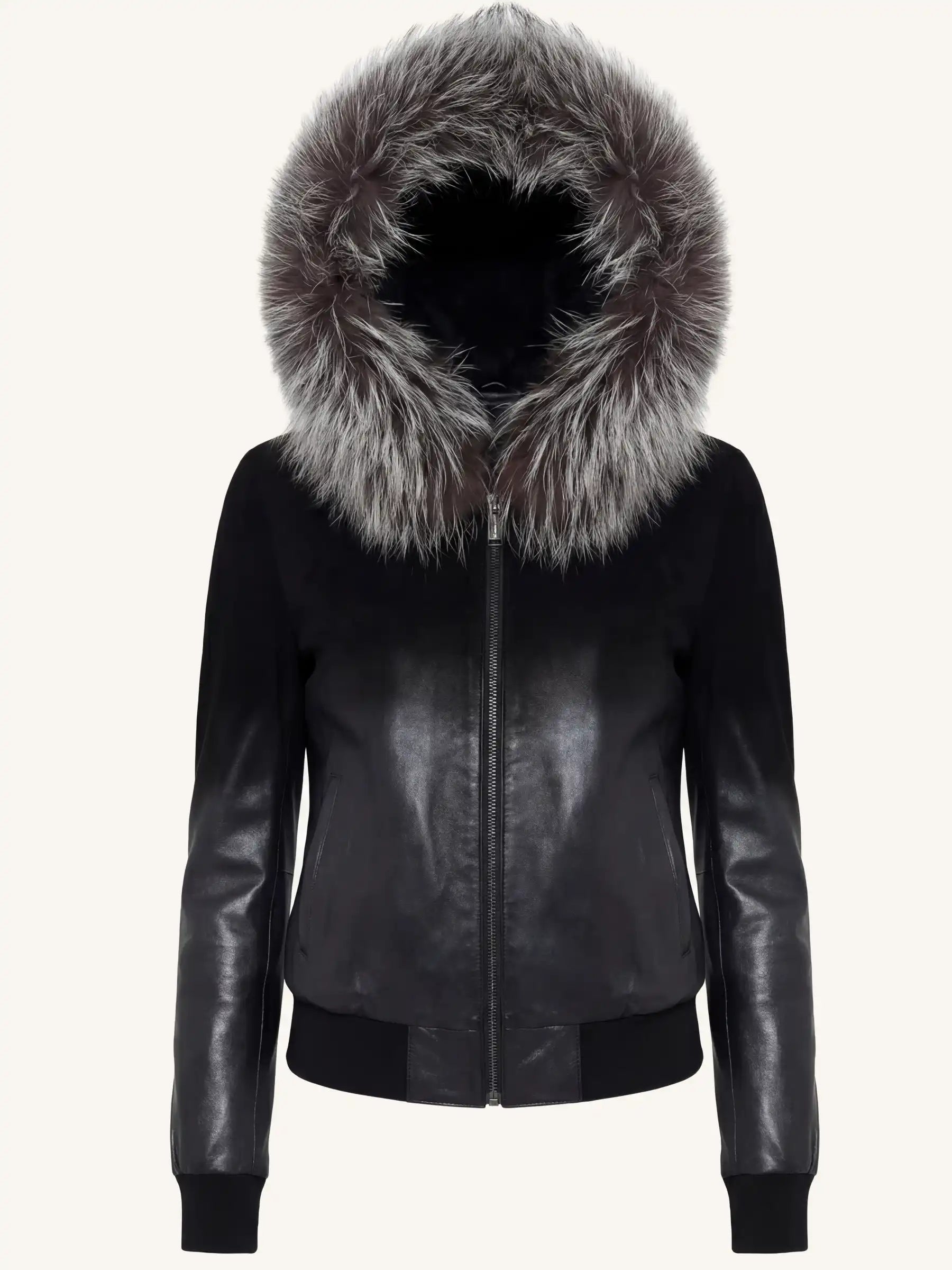 Black leather jacket with fur hood on a white background