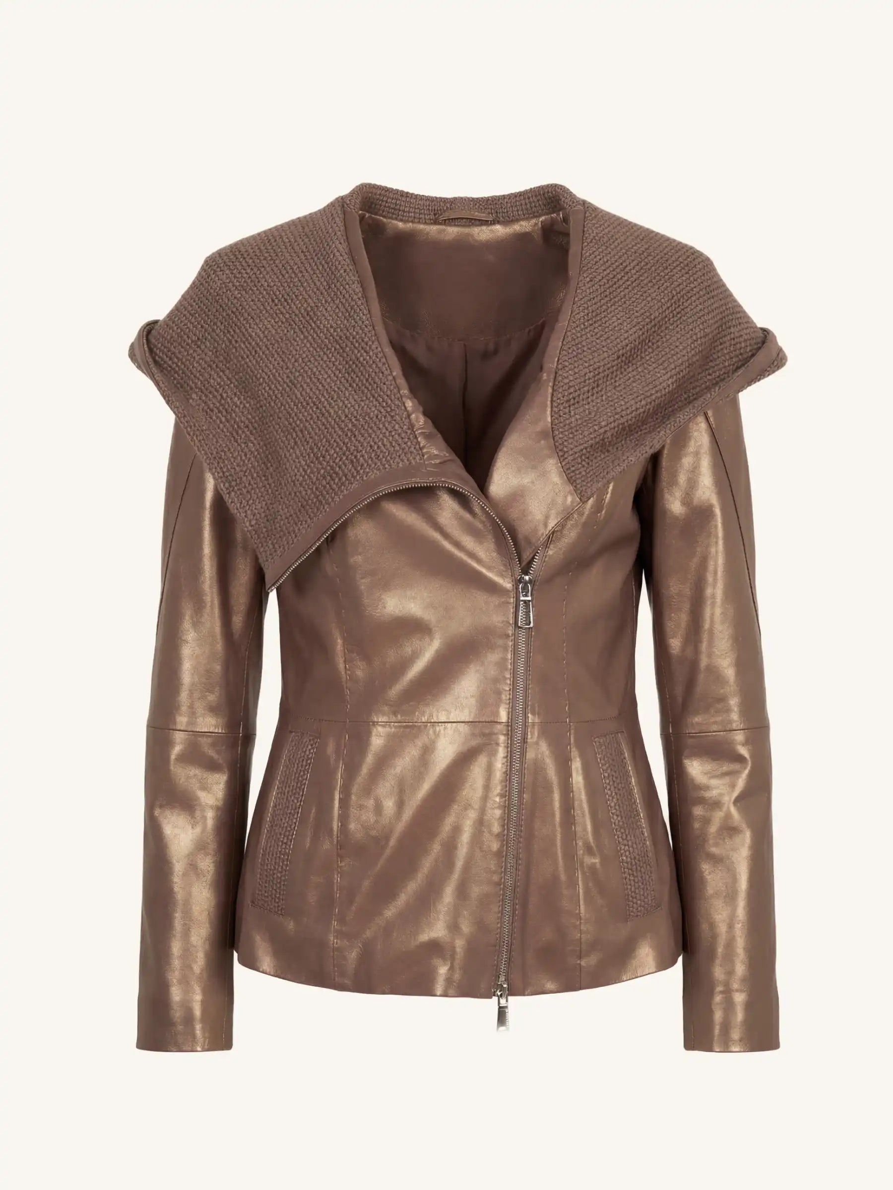 Bronze Leather Jacket with Knitted Wool Hood