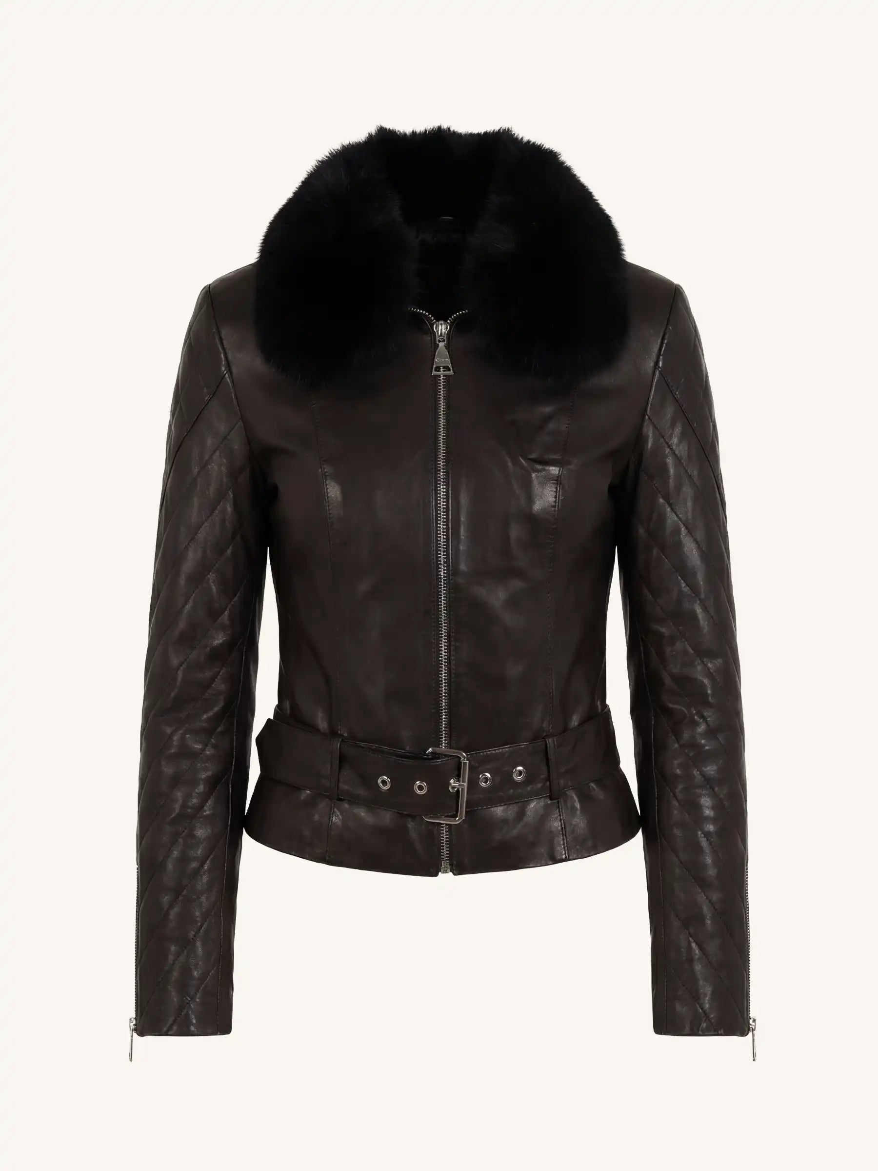 Black leather jacket with fur collar on a white background