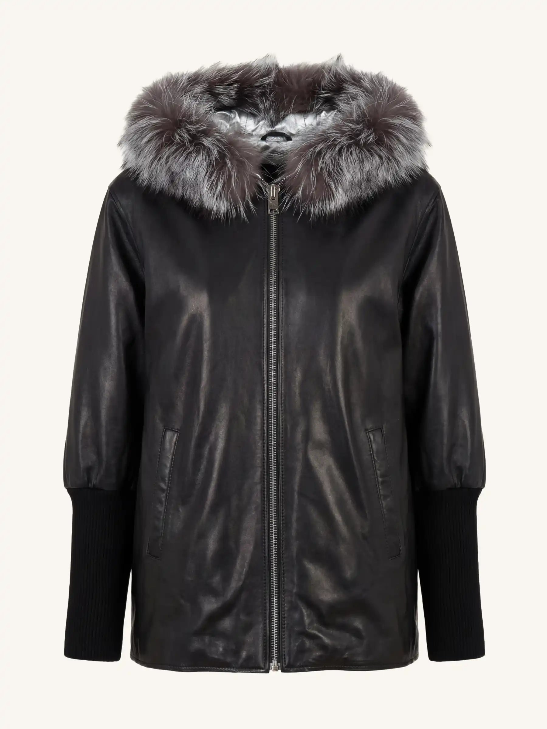 Black leather jacket with fur hood on a white background