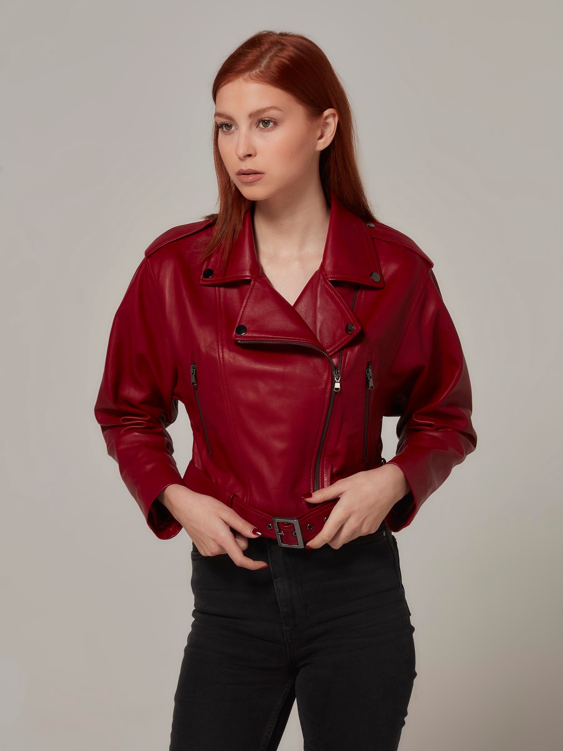 Büyük Boy Kısa Motosiklet Deri Ceket (Bordo)