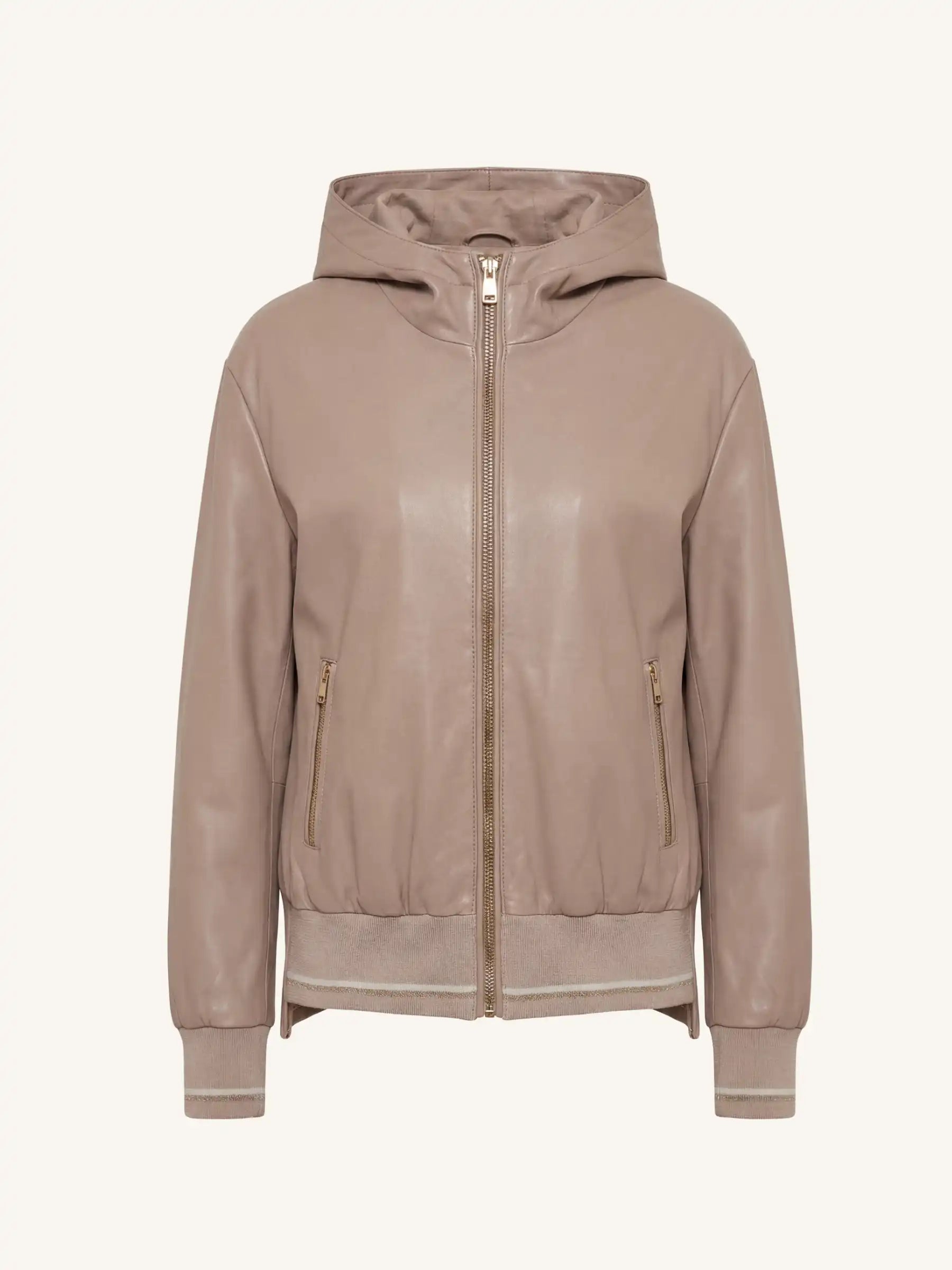 Beige leather jacket with a hood on a white background