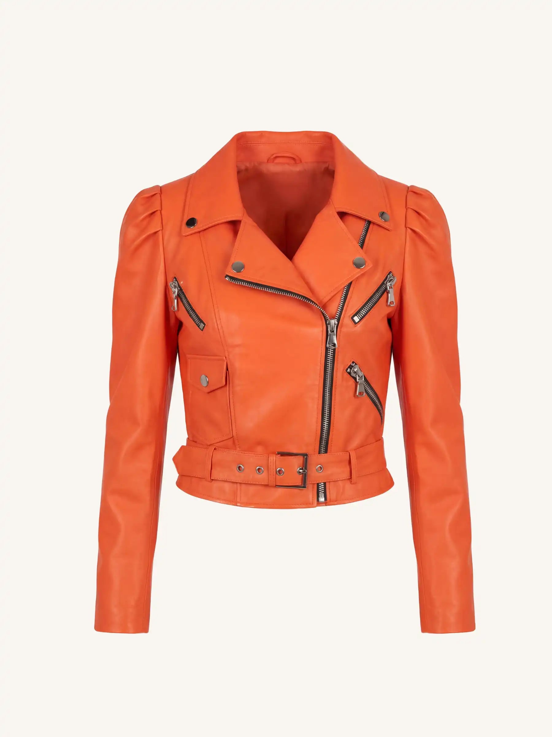 Orange leather jacket on a white background