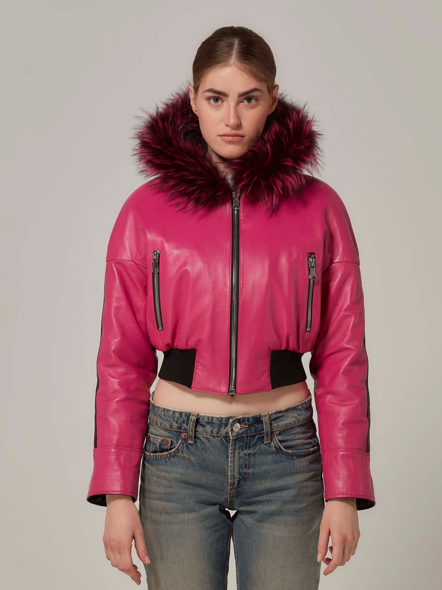 Pembe Çift Taraflı Kısa Deri Şişme Ceket