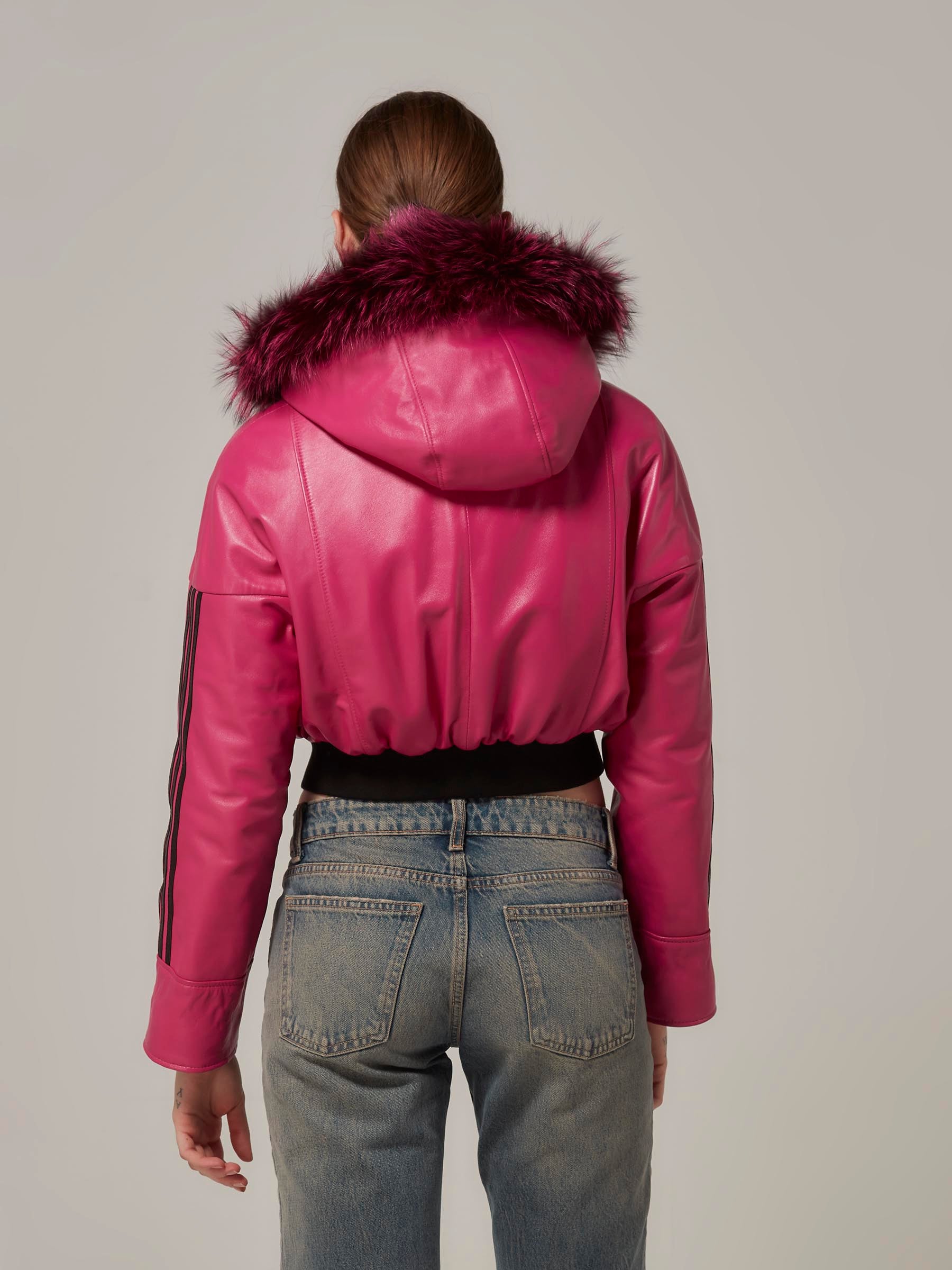 Pembe Çift Taraflı Kısa Deri Şişme Ceket