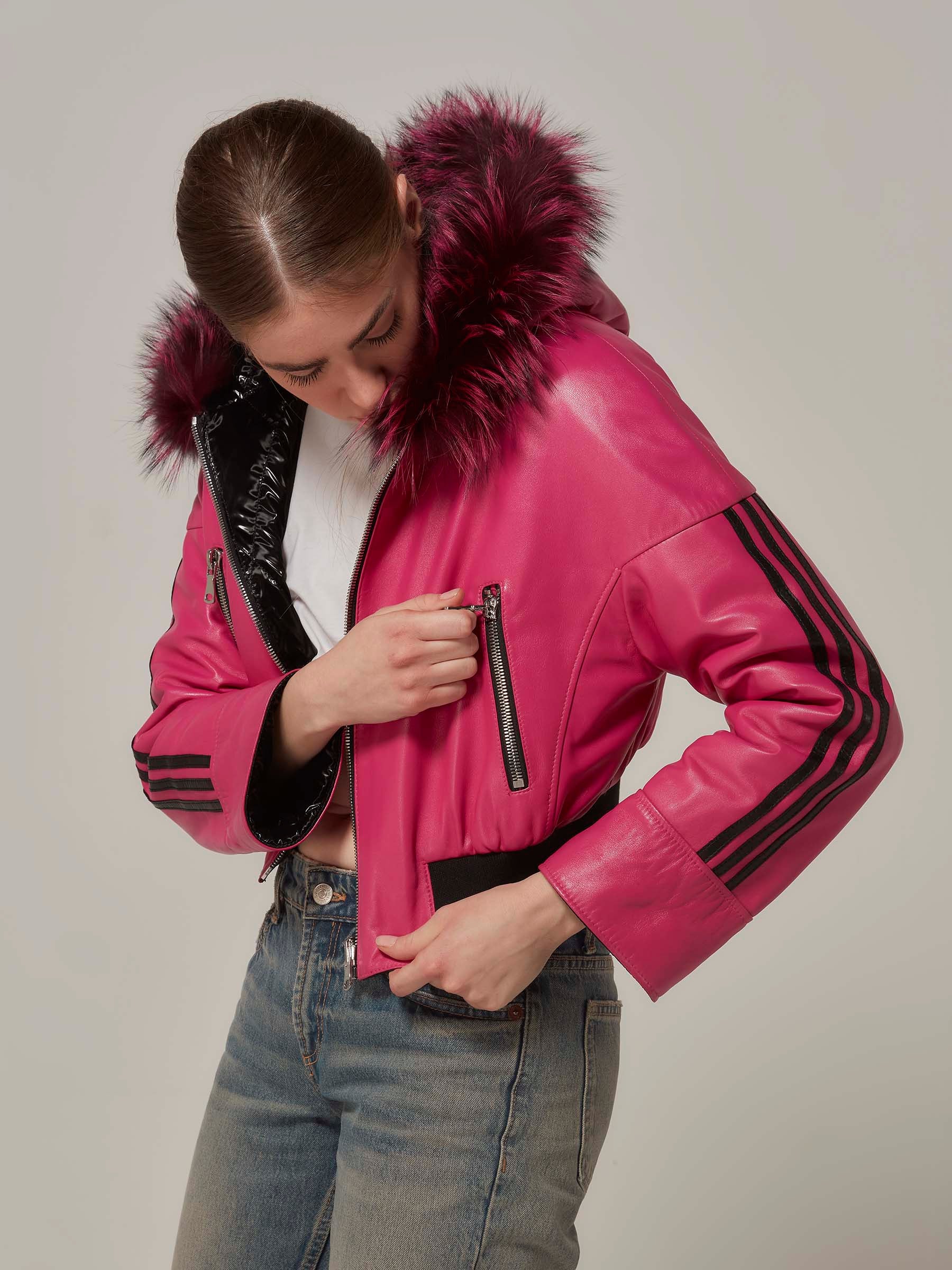 Pembe Çift Taraflı Kısa Deri Şişme Ceket