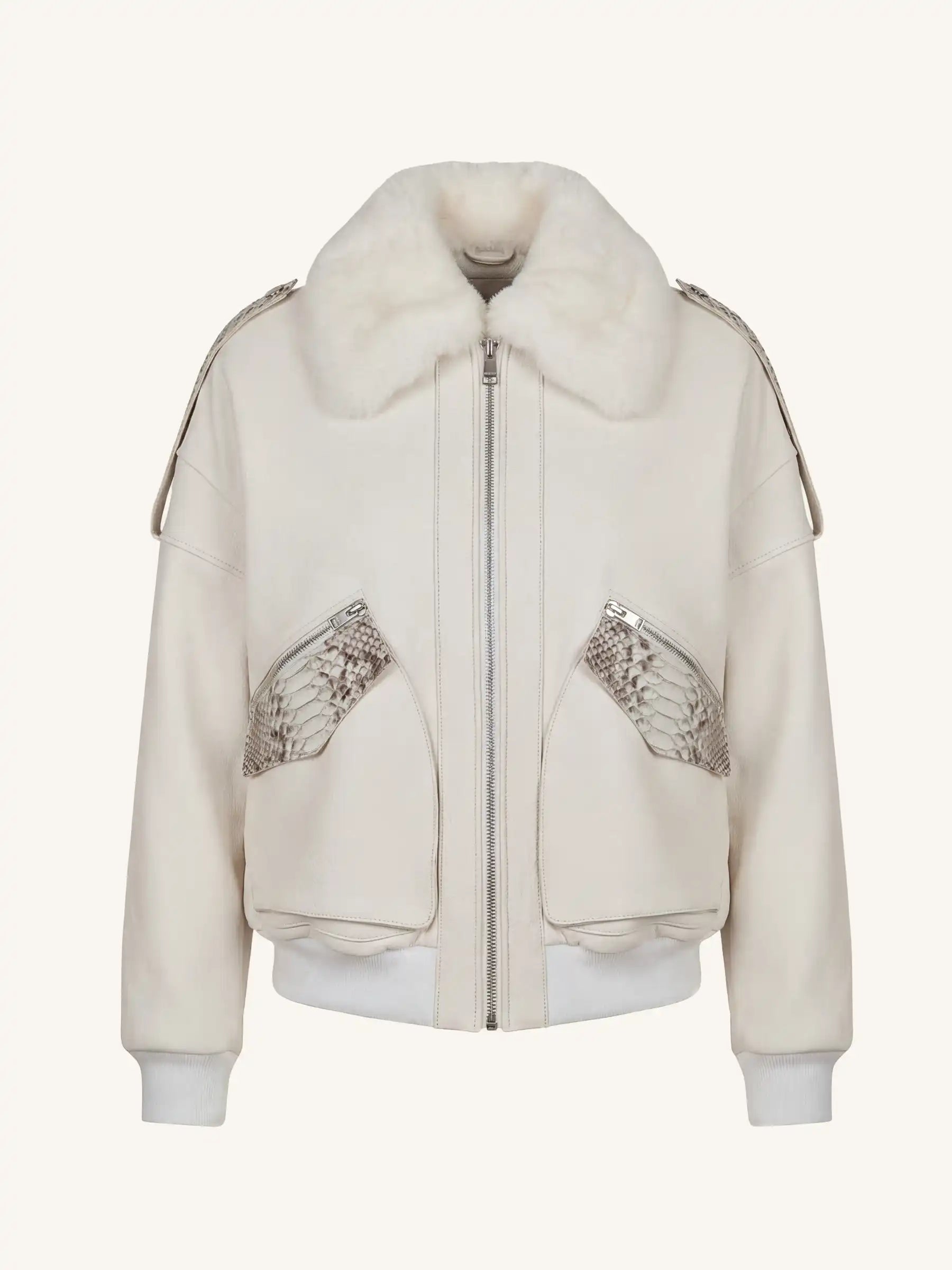White bomber jacket with fur collar and pyton leather patches on a white background