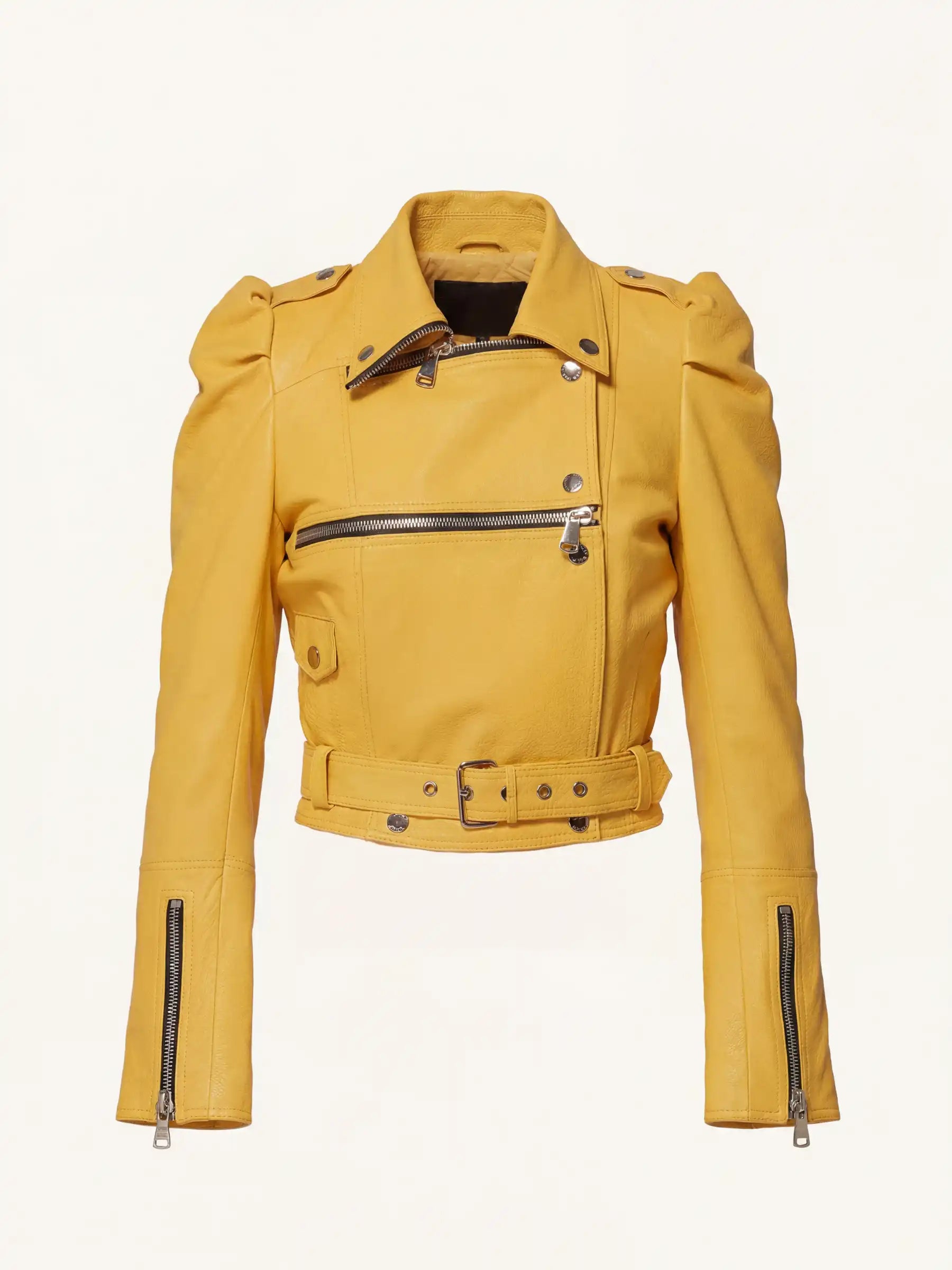 Yellow leather jacket with zippers on a white background