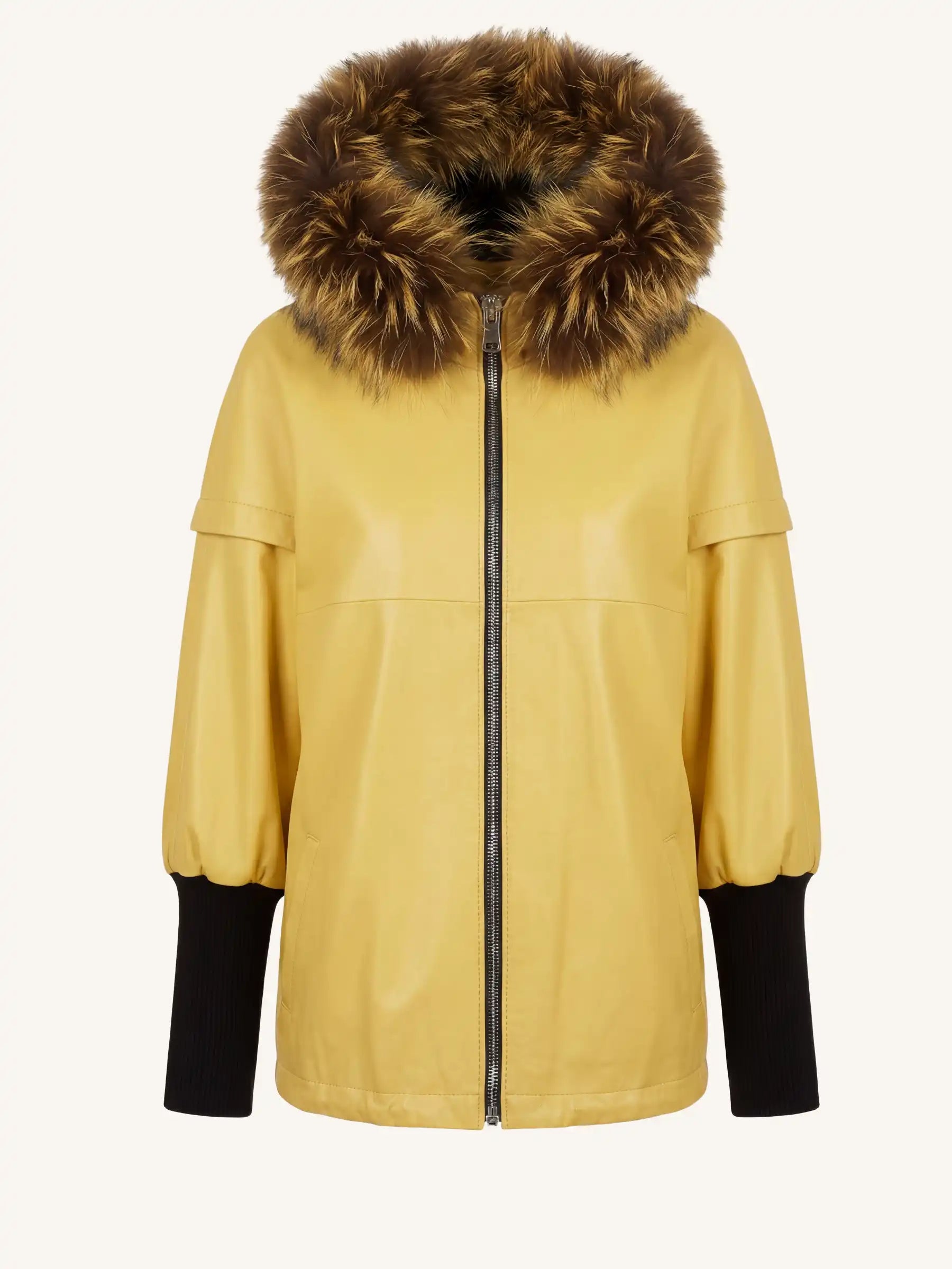 Yellow coat with fur hood on a white background